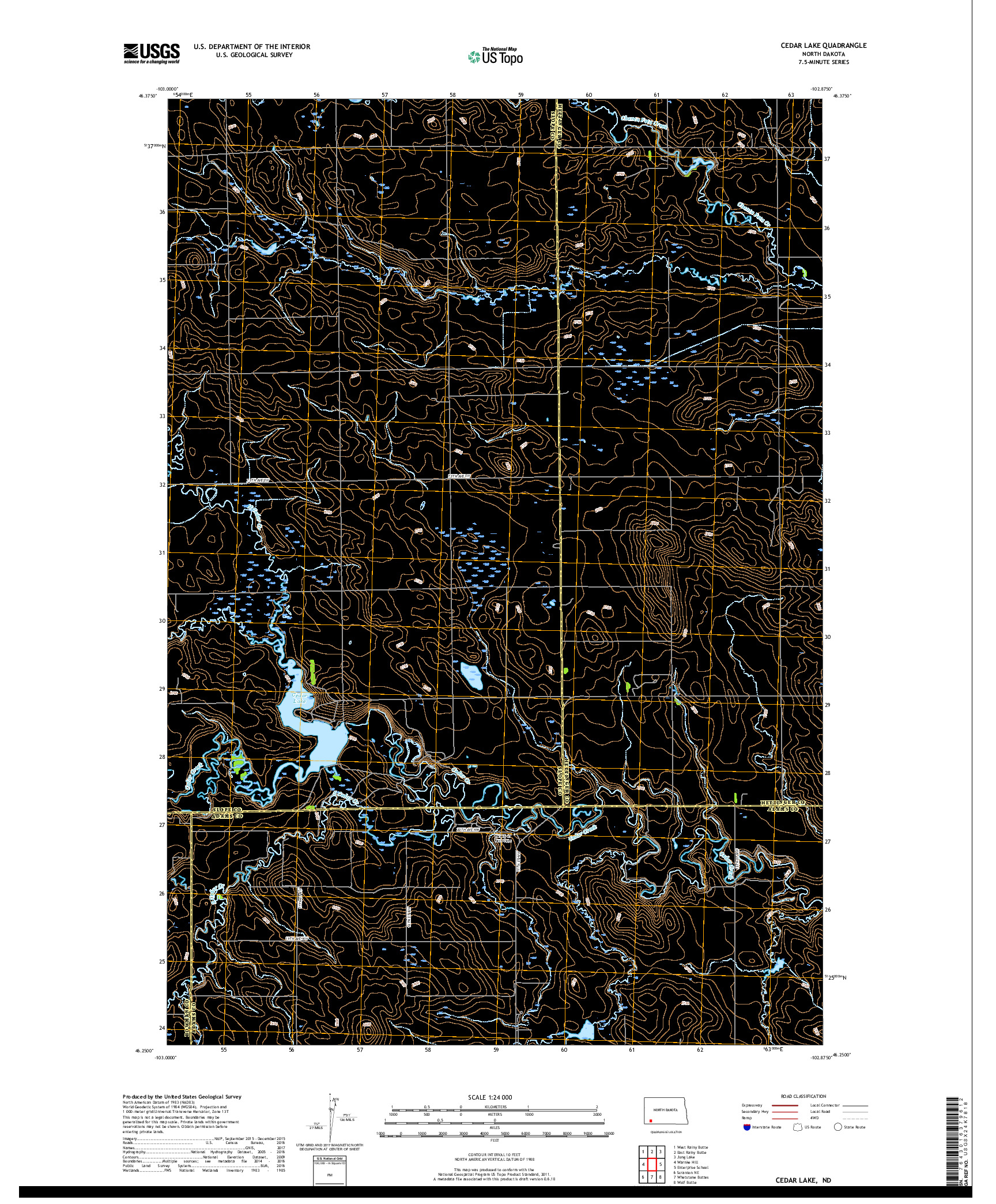 USGS US TOPO 7.5-MINUTE MAP FOR CEDAR LAKE, ND 2018