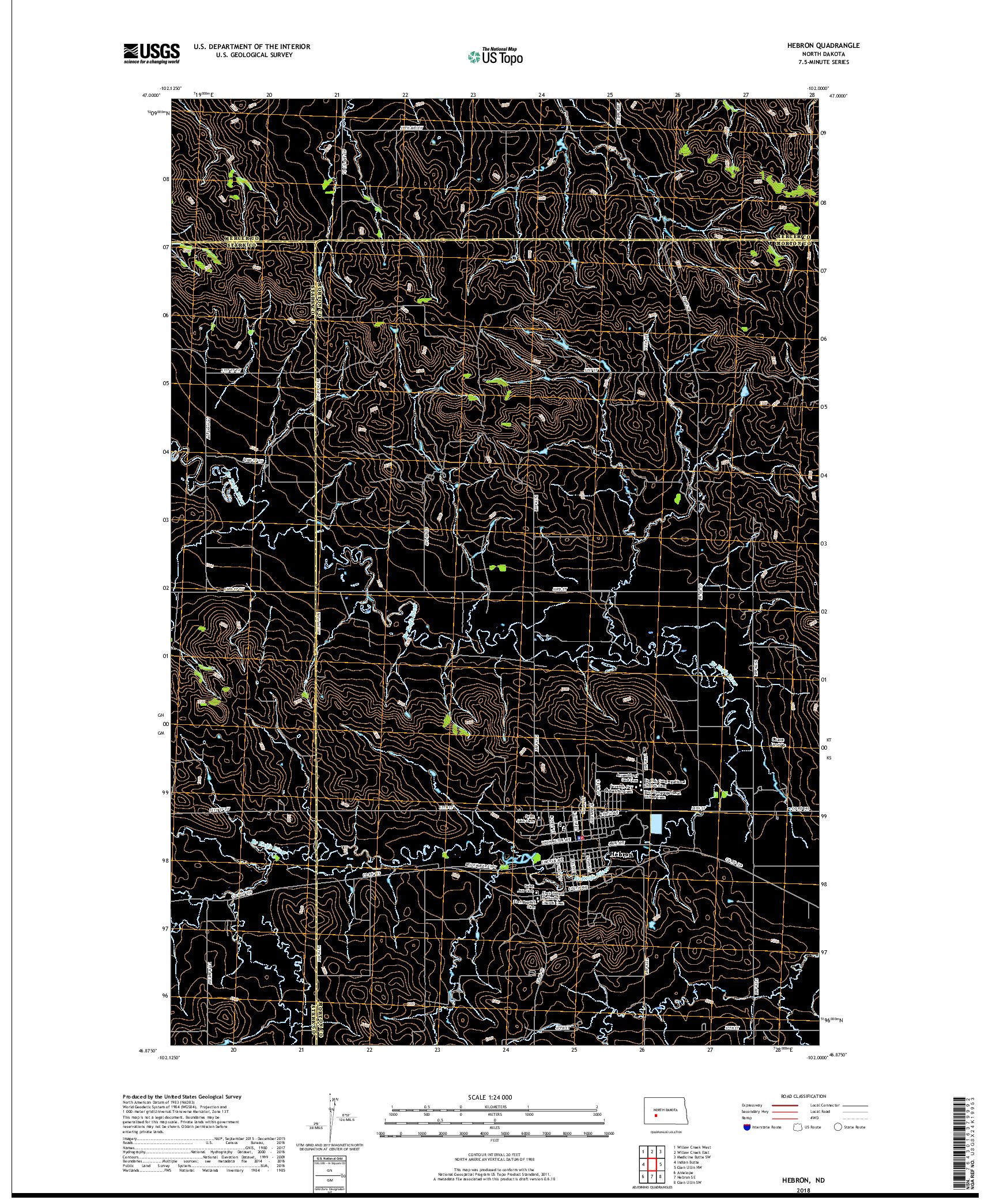 USGS US TOPO 7.5-MINUTE MAP FOR HEBRON, ND 2018