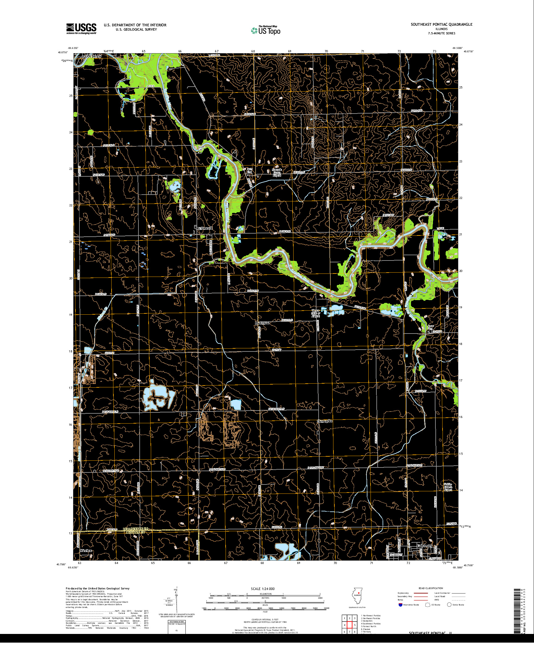USGS US TOPO 7.5-MINUTE MAP FOR SOUTHEAST PONTIAC, IL 2018