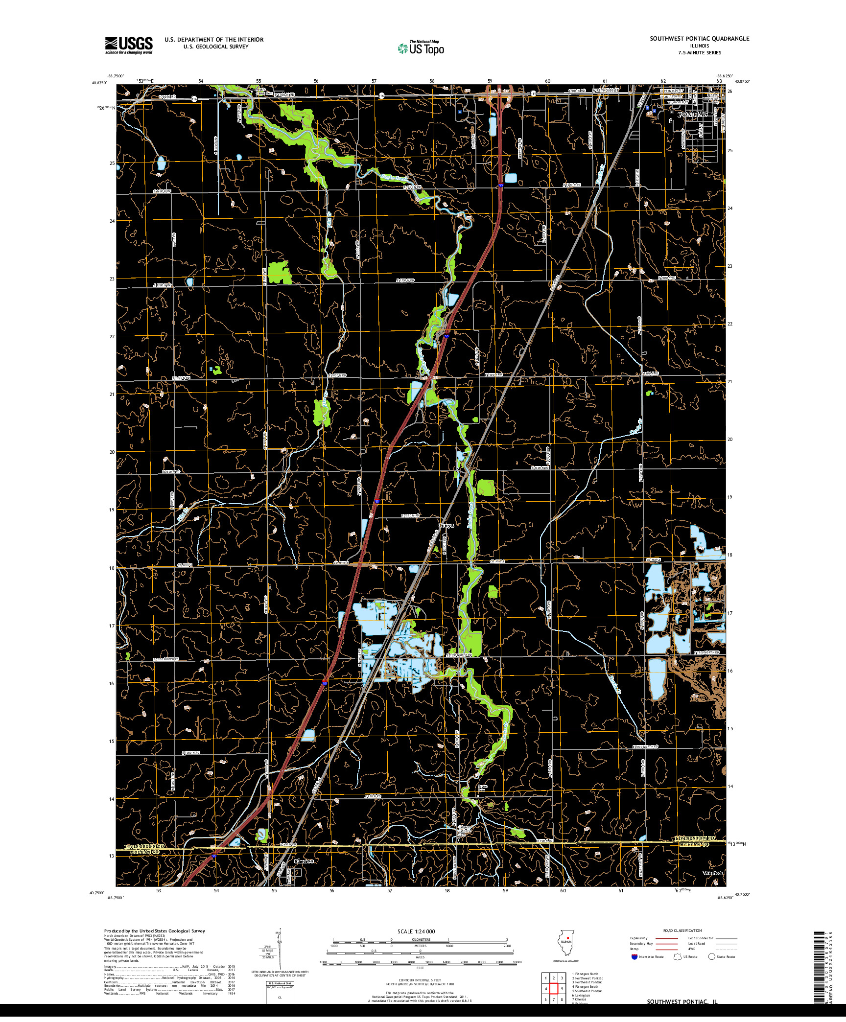 USGS US TOPO 7.5-MINUTE MAP FOR SOUTHWEST PONTIAC, IL 2018