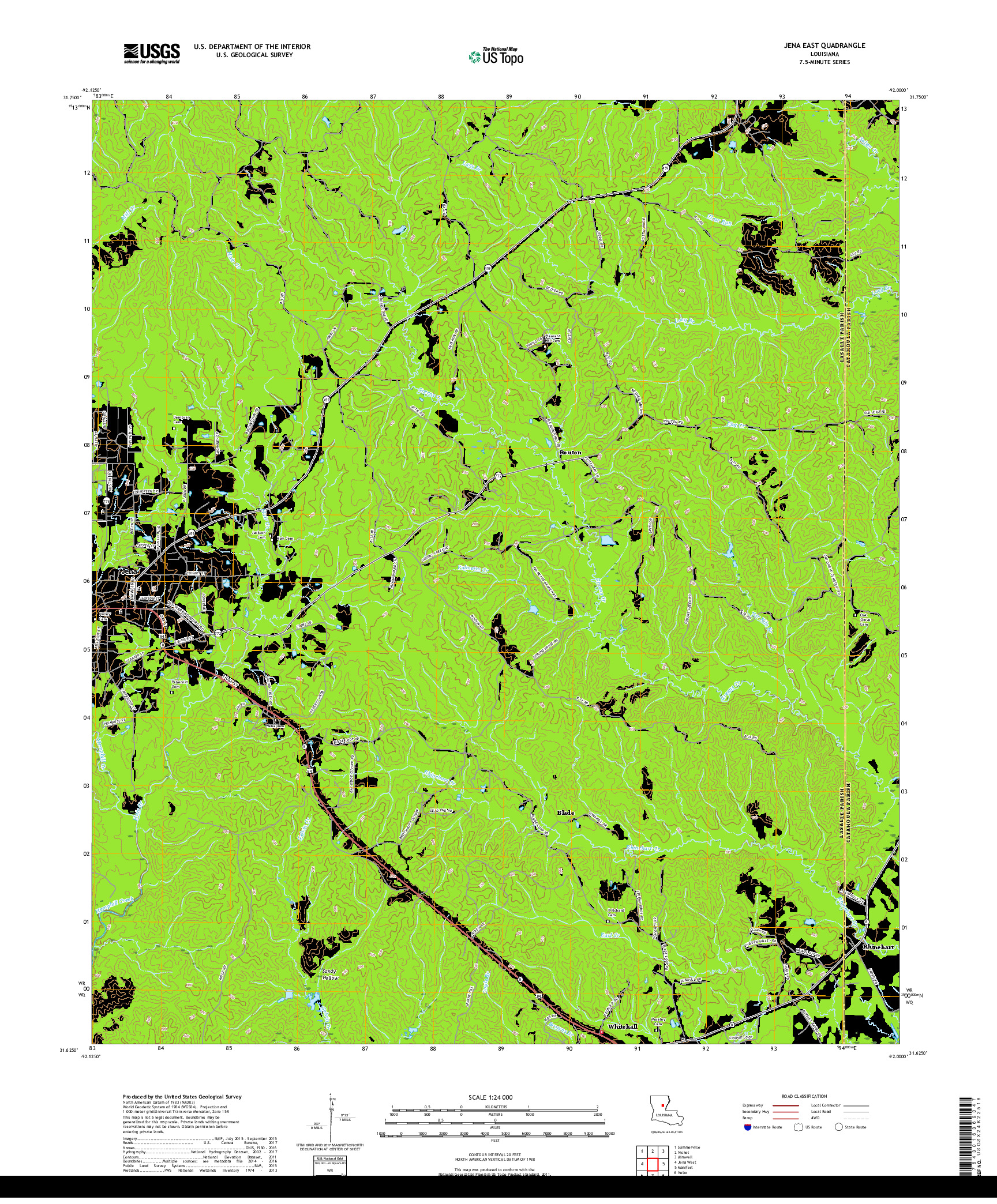 USGS US TOPO 7.5-MINUTE MAP FOR JENA EAST, LA 2018