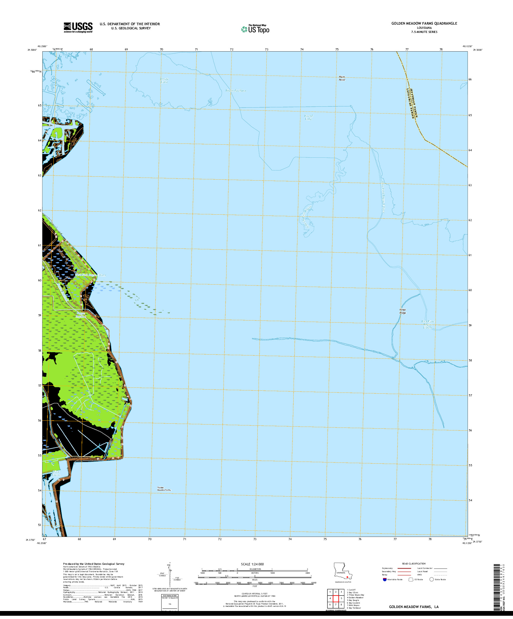 USGS US TOPO 7.5-MINUTE MAP FOR GOLDEN MEADOW FARMS, LA 2018