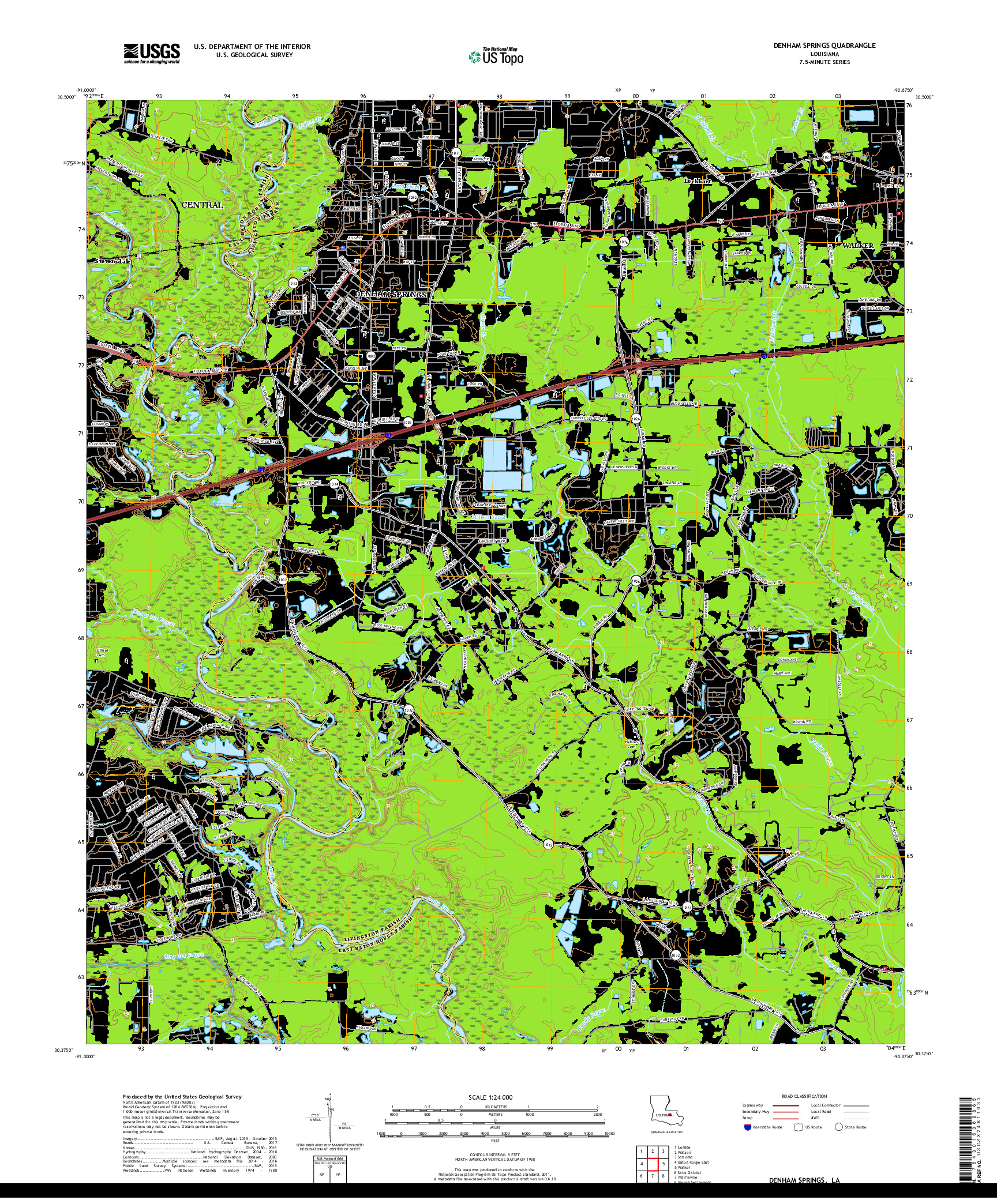 USGS US TOPO 7.5-MINUTE MAP FOR DENHAM SPRINGS, LA 2018