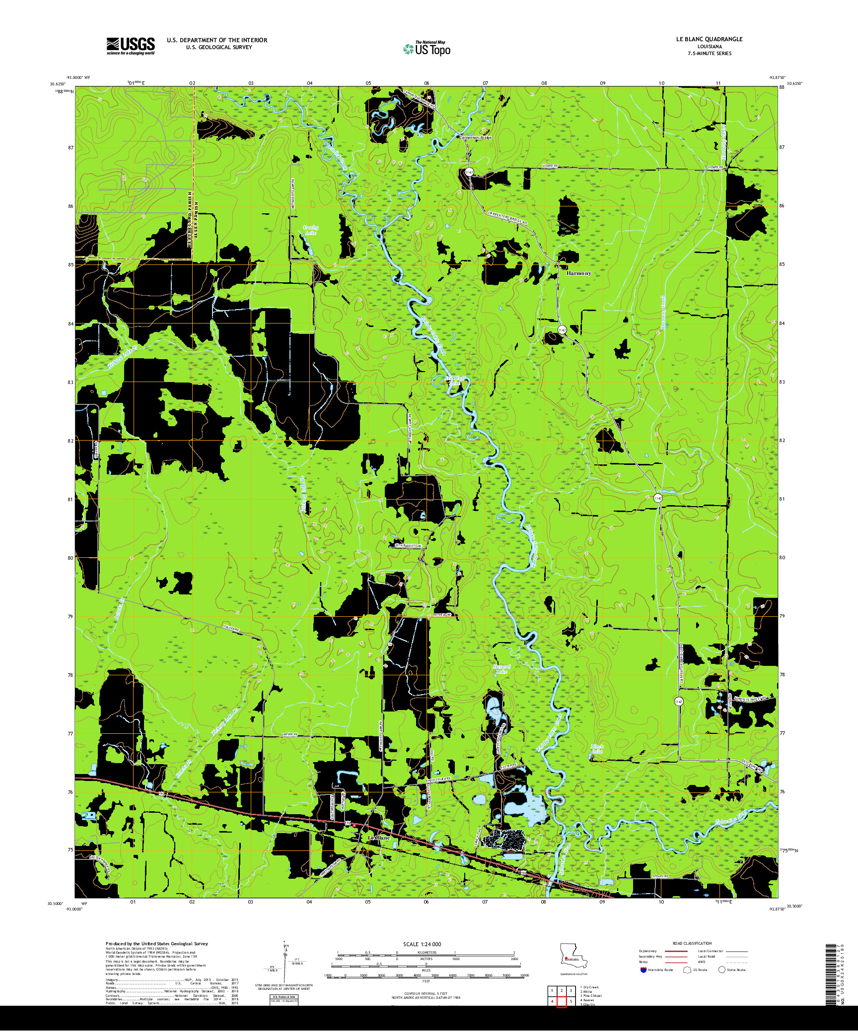 USGS US TOPO 7.5-MINUTE MAP FOR LE BLANC, LA 2018