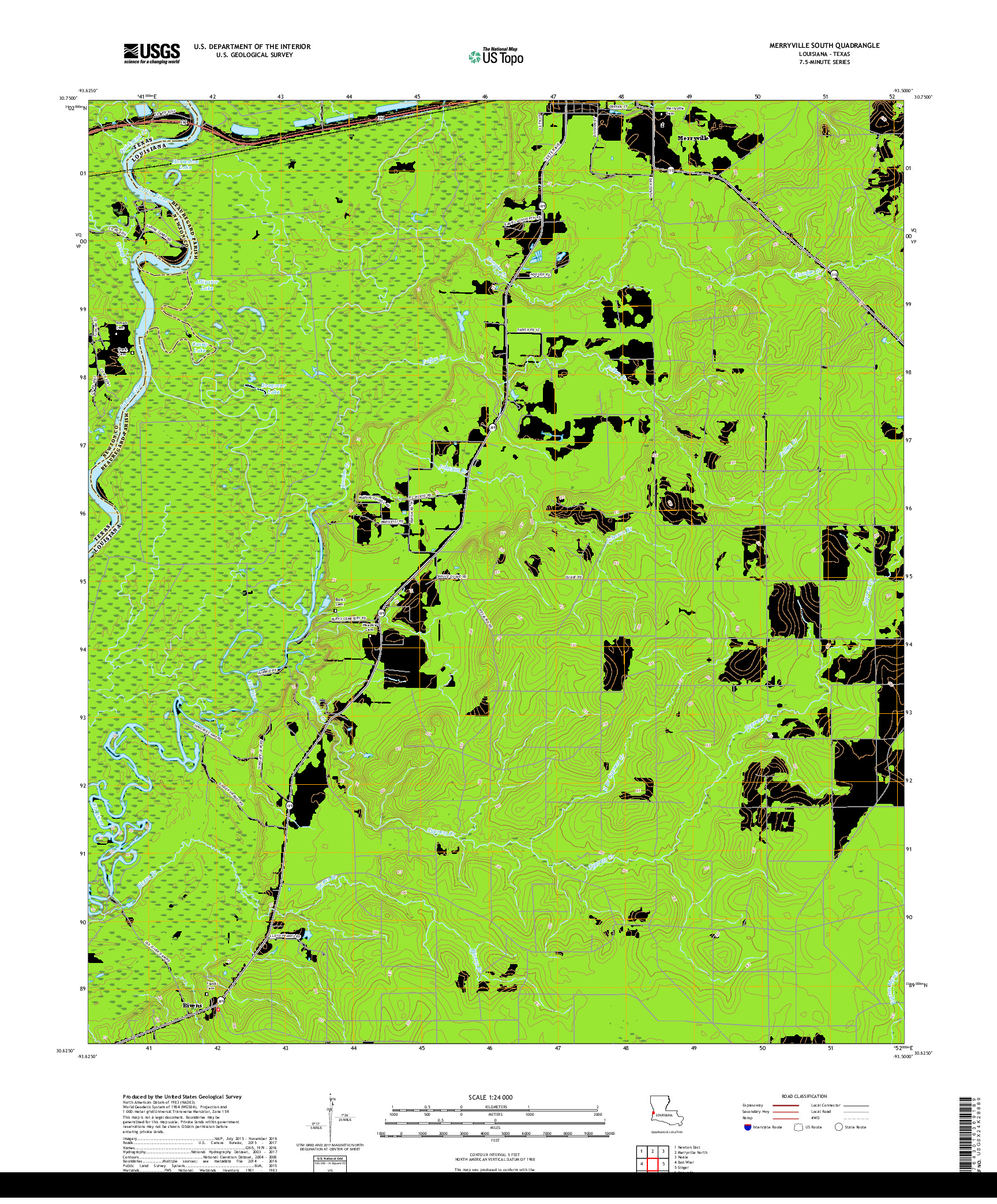 USGS US TOPO 7.5-MINUTE MAP FOR MERRYVILLE SOUTH, LA,TX 2018