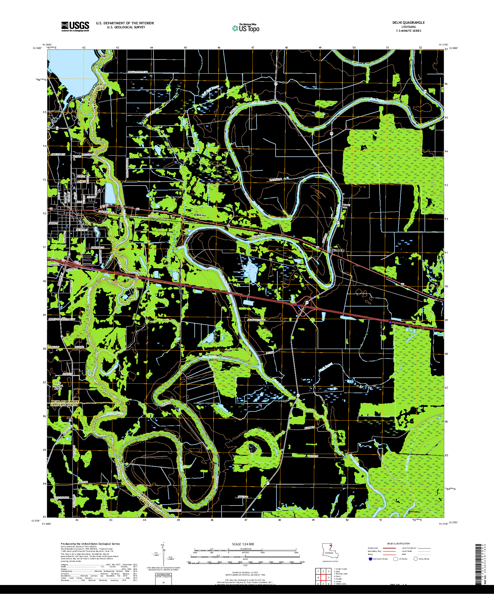 USGS US TOPO 7.5-MINUTE MAP FOR DELHI, LA 2018