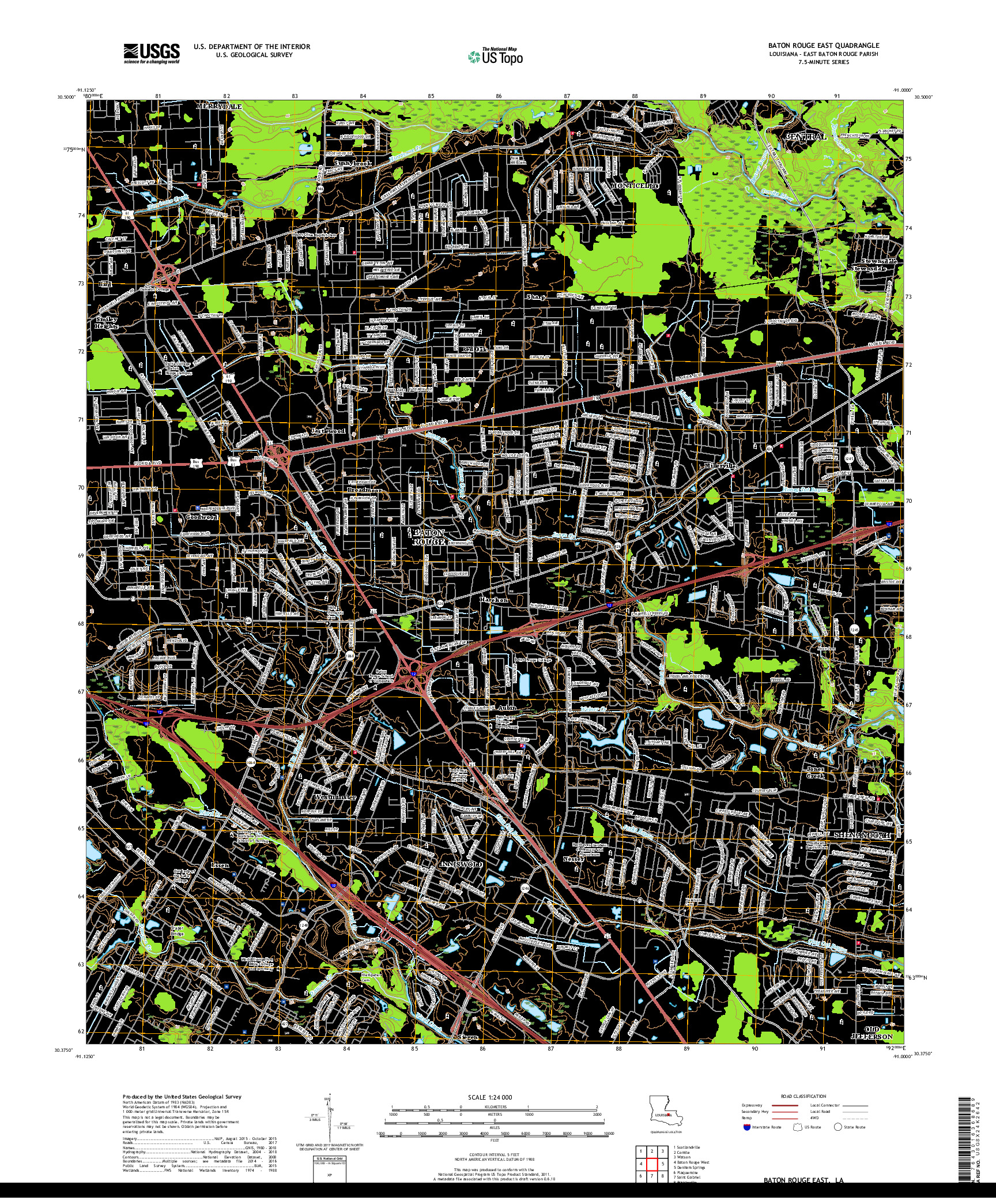 USGS US TOPO 7.5-MINUTE MAP FOR BATON ROUGE EAST, LA 2018