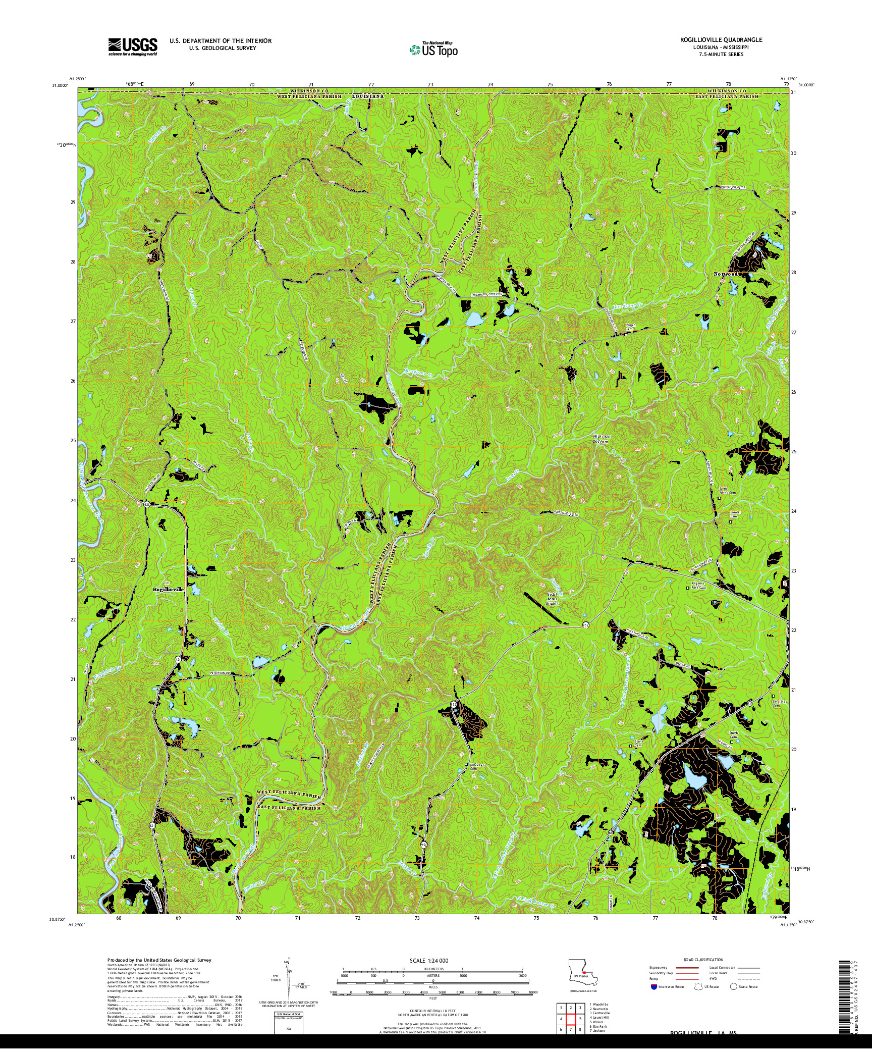 USGS US TOPO 7.5-MINUTE MAP FOR ROGILLIOVILLE, LA,MS 2018