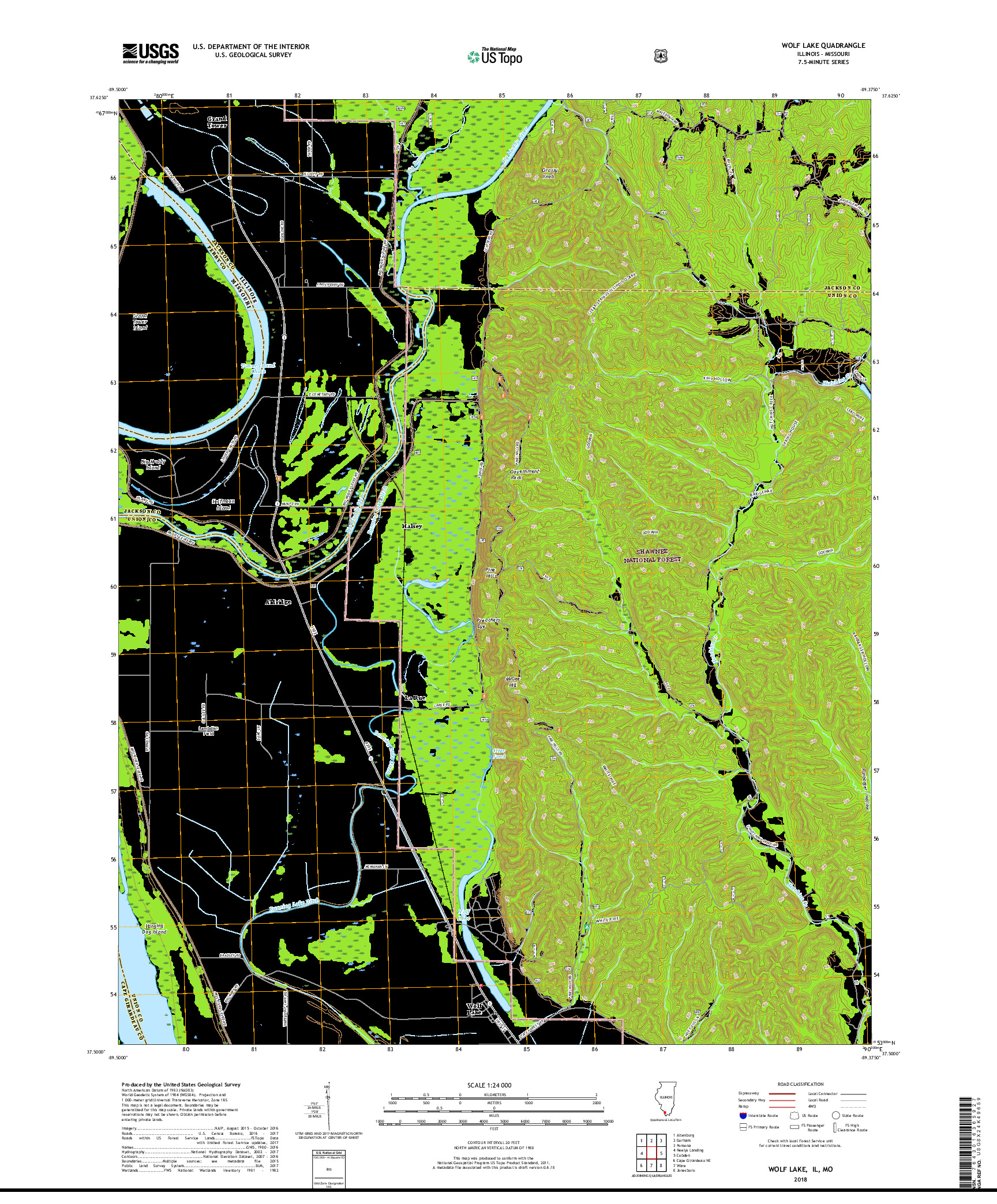 USGS US TOPO 7.5-MINUTE MAP FOR WOLF LAKE, IL,MO 2018