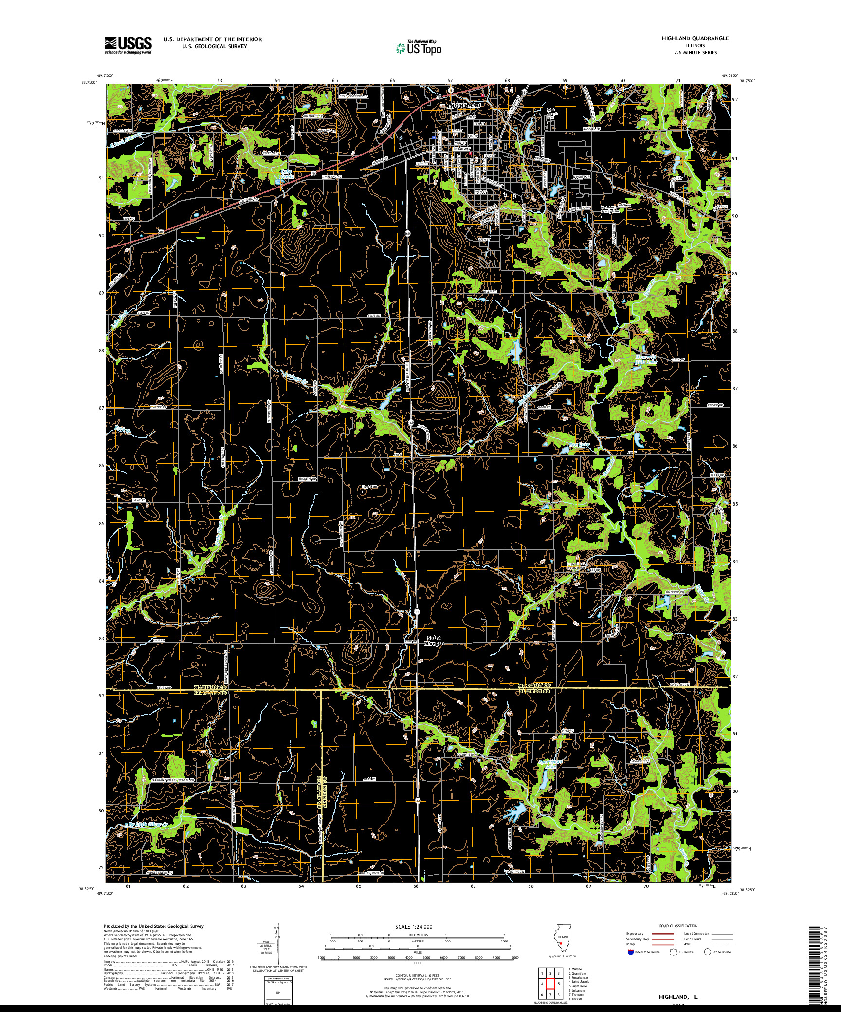 USGS US TOPO 7.5-MINUTE MAP FOR HIGHLAND, IL 2018