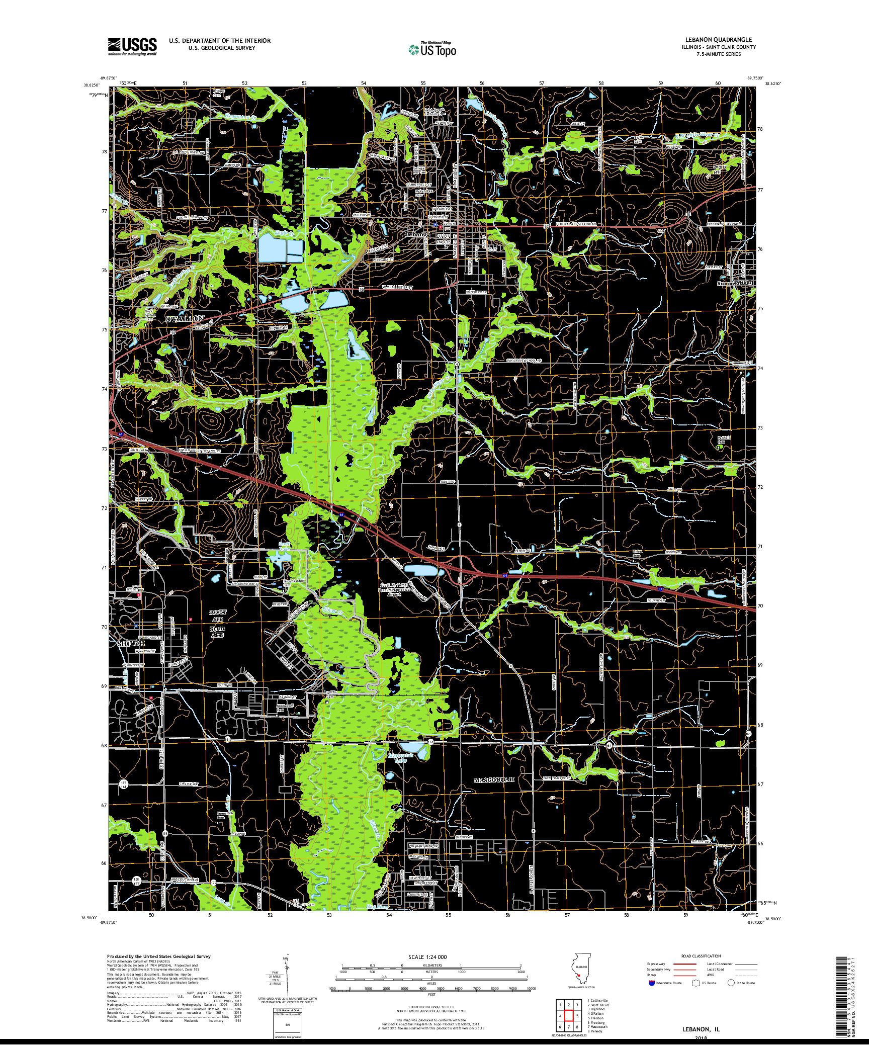 USGS US TOPO 7.5-MINUTE MAP FOR LEBANON, IL 2018