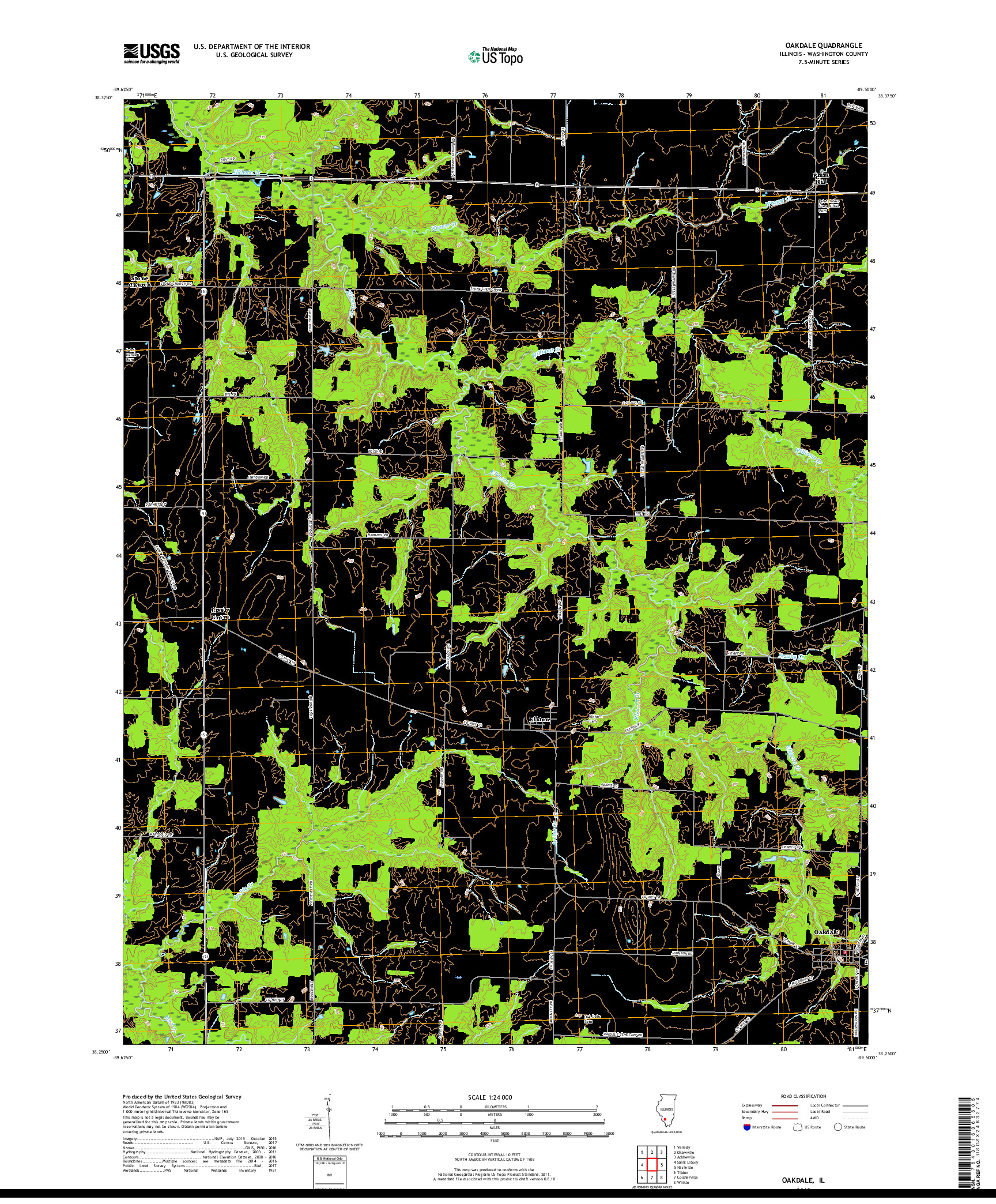 USGS US TOPO 7.5-MINUTE MAP FOR OAKDALE, IL 2018