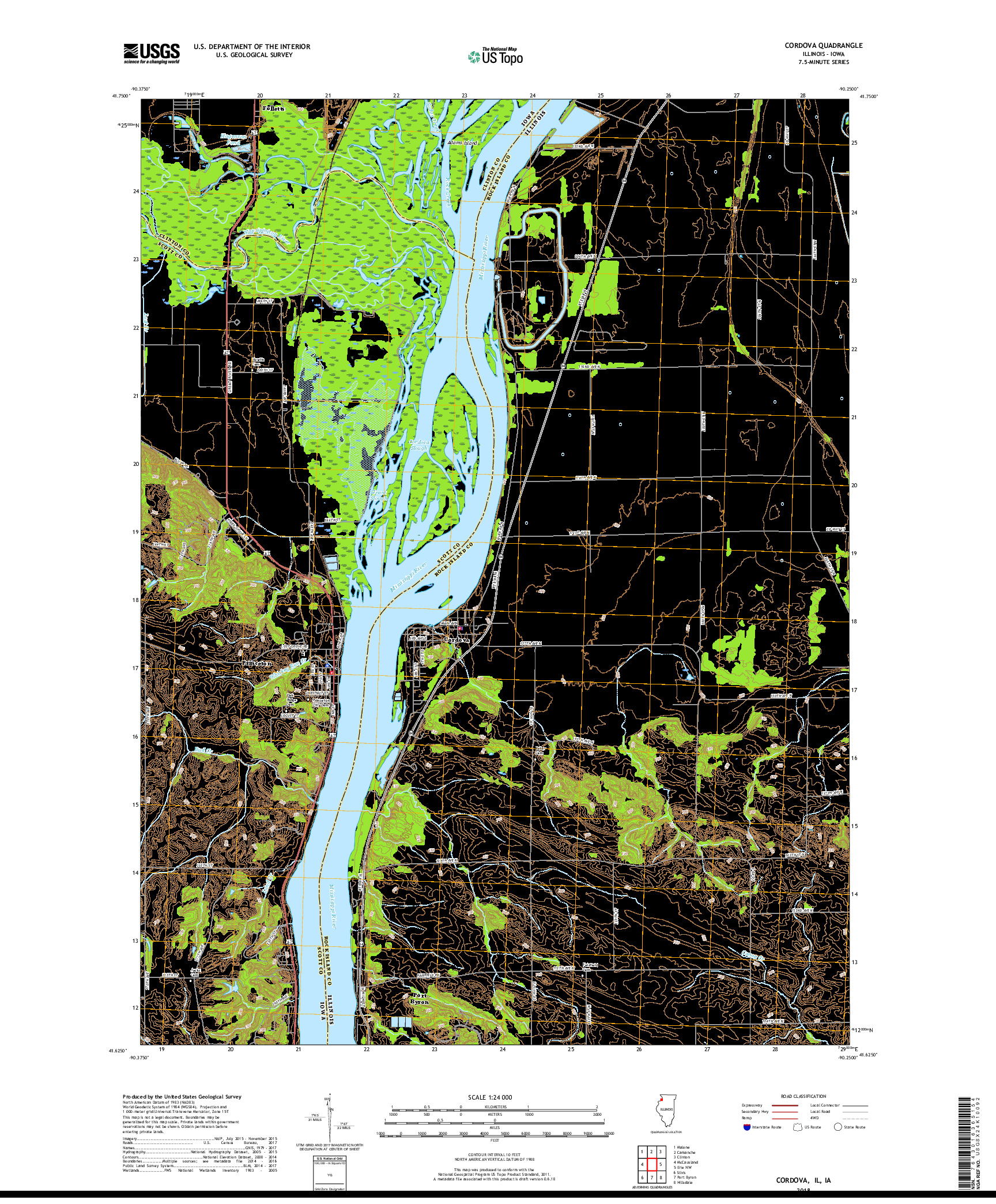 USGS US TOPO 7.5-MINUTE MAP FOR CORDOVA, IL,IA 2018