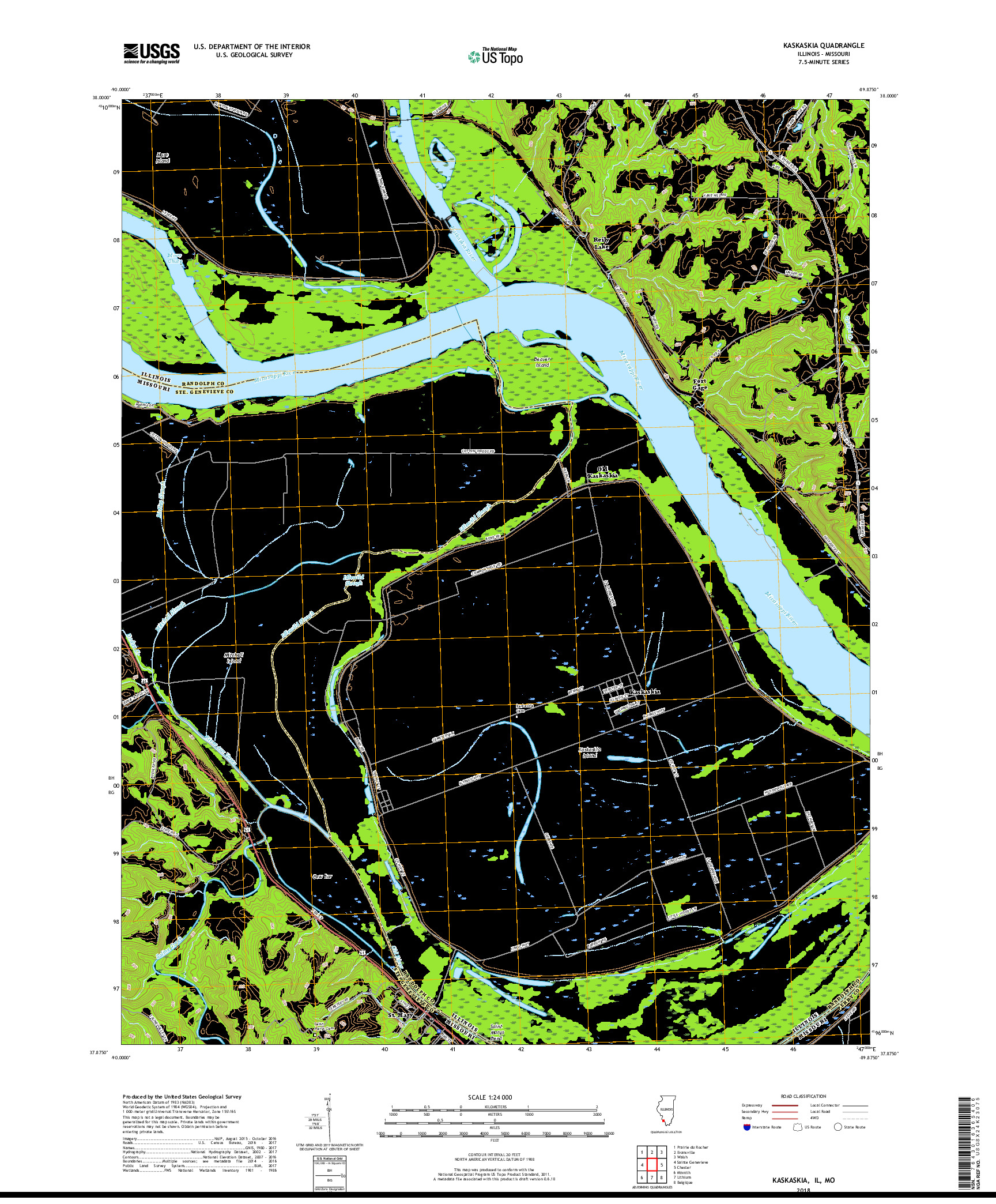 USGS US TOPO 7.5-MINUTE MAP FOR KASKASKIA, IL,MO 2018