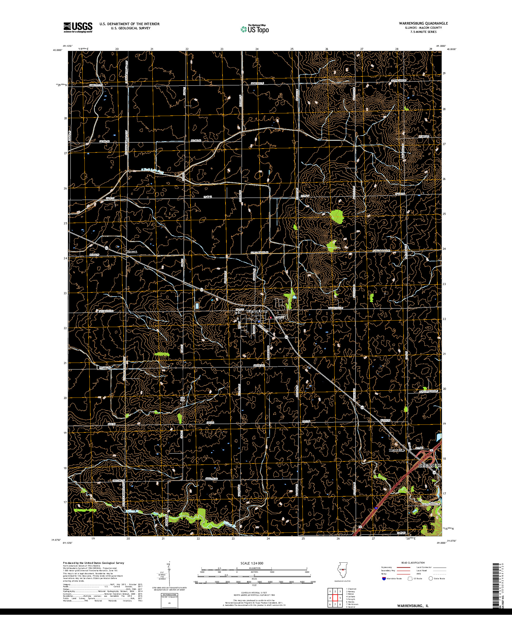 USGS US TOPO 7.5-MINUTE MAP FOR WARRENSBURG, IL 2018