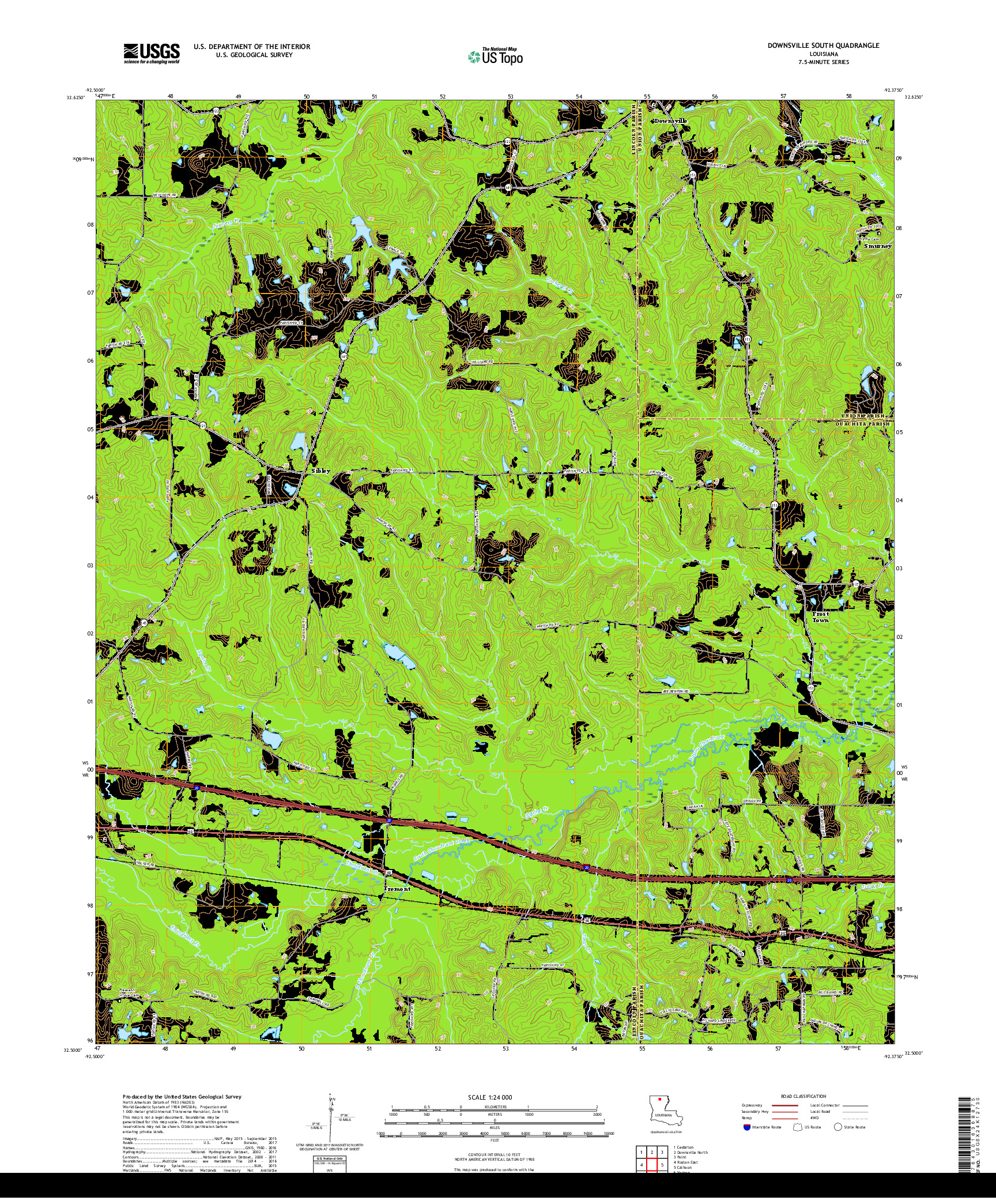 USGS US TOPO 7.5-MINUTE MAP FOR DOWNSVILLE SOUTH, LA 2018