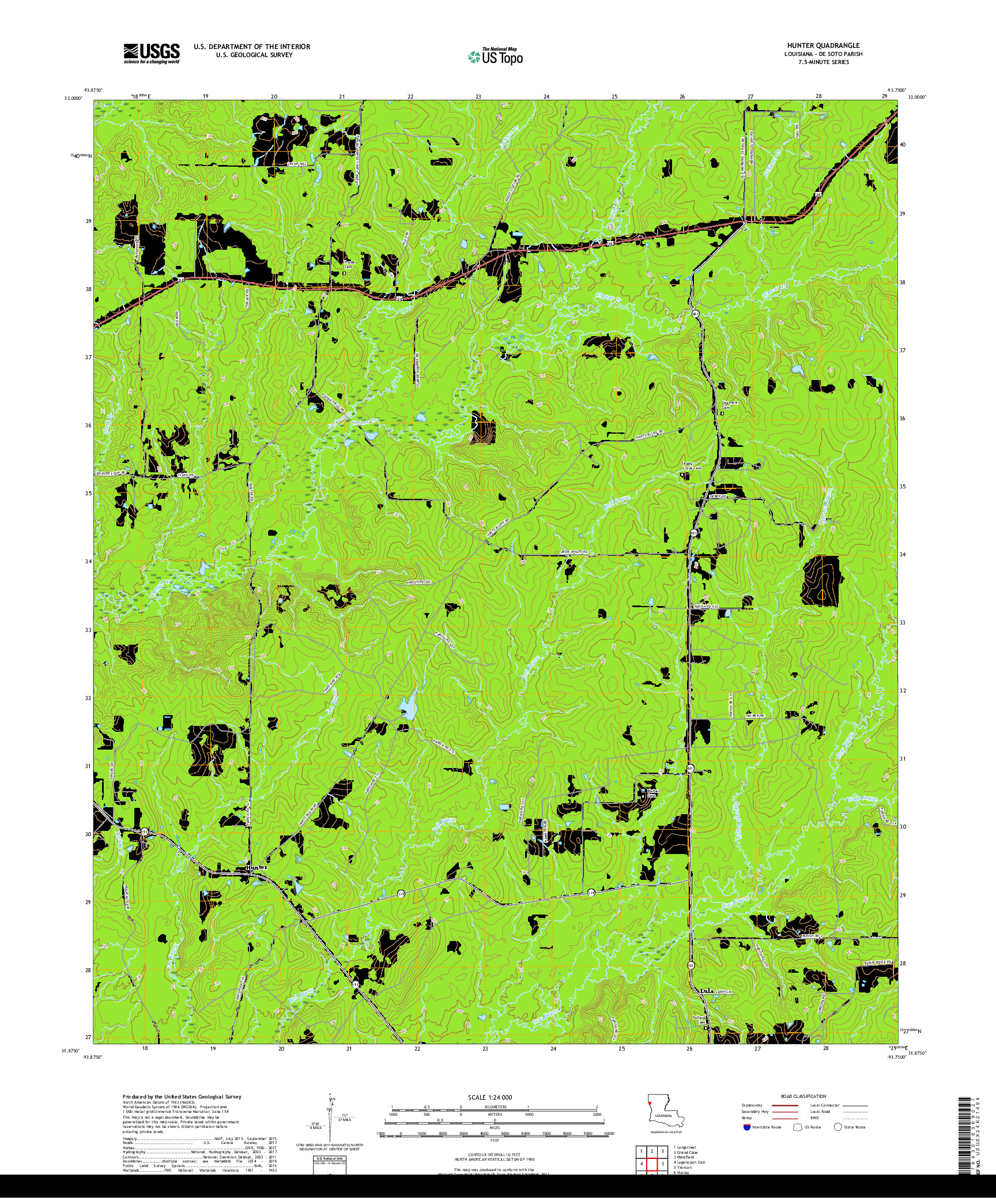 USGS US TOPO 7.5-MINUTE MAP FOR HUNTER, LA 2018