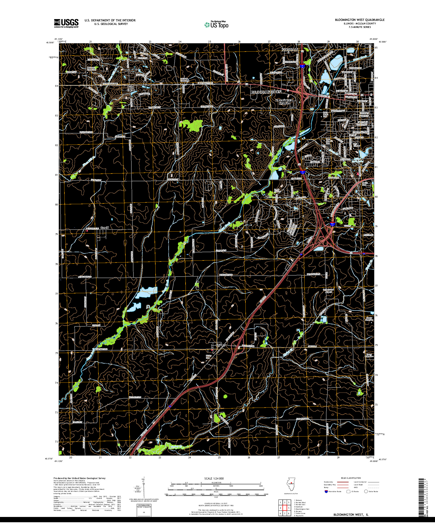 USGS US TOPO 7.5-MINUTE MAP FOR BLOOMINGTON WEST, IL 2018