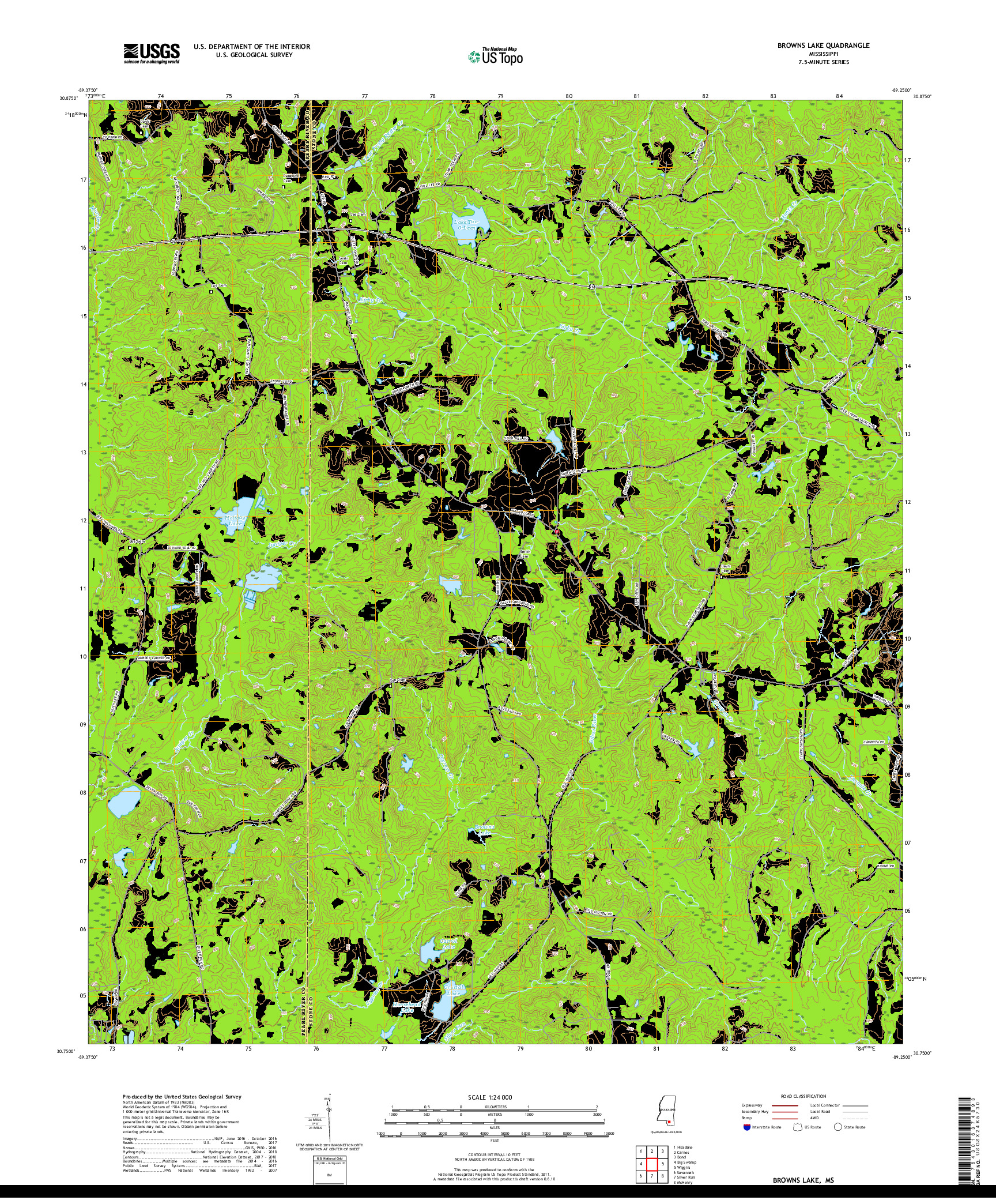 USGS US TOPO 7.5-MINUTE MAP FOR BROWNS LAKE, MS 2018