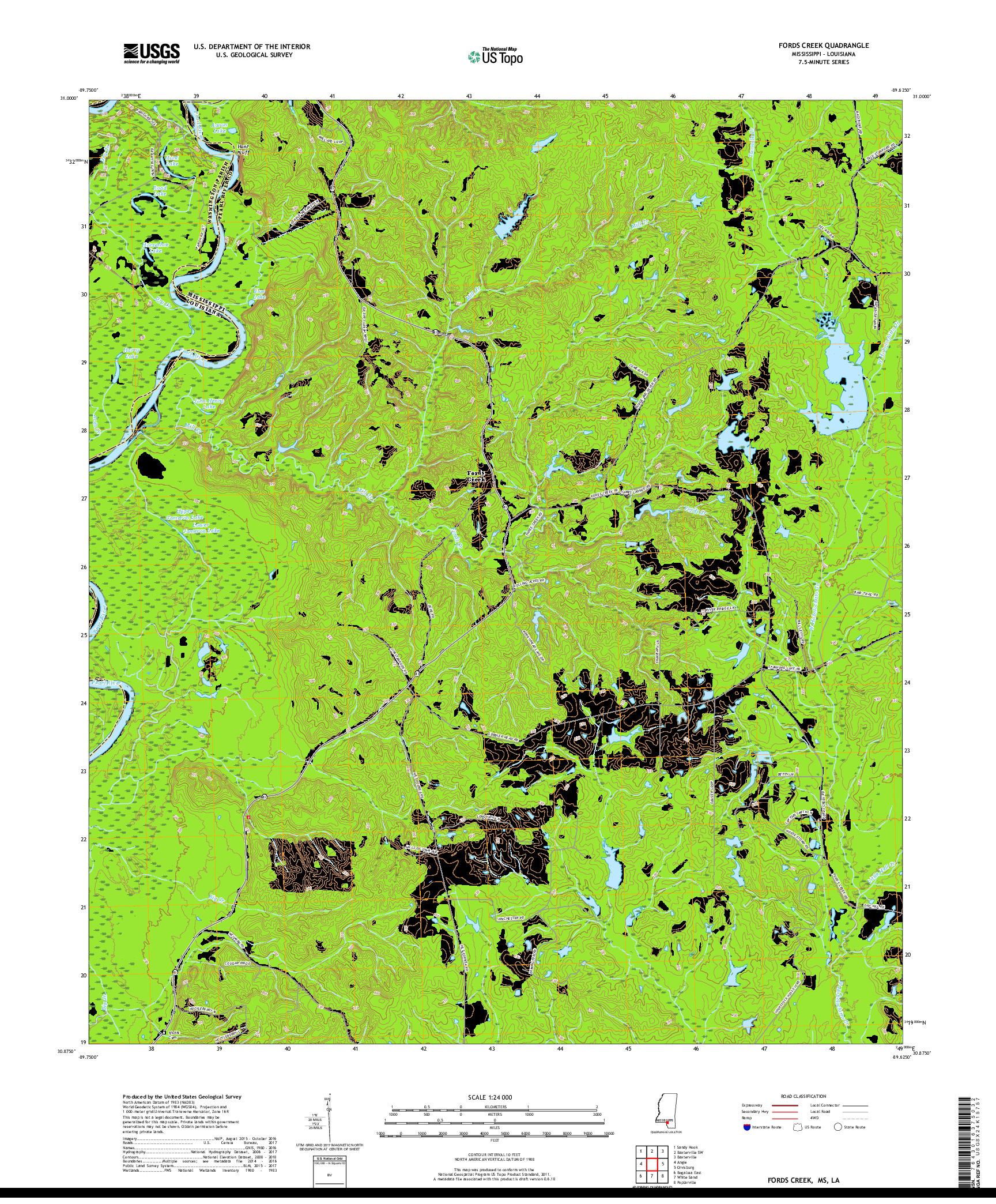 USGS US TOPO 7.5-MINUTE MAP FOR FORDS CREEK, MS,LA 2018