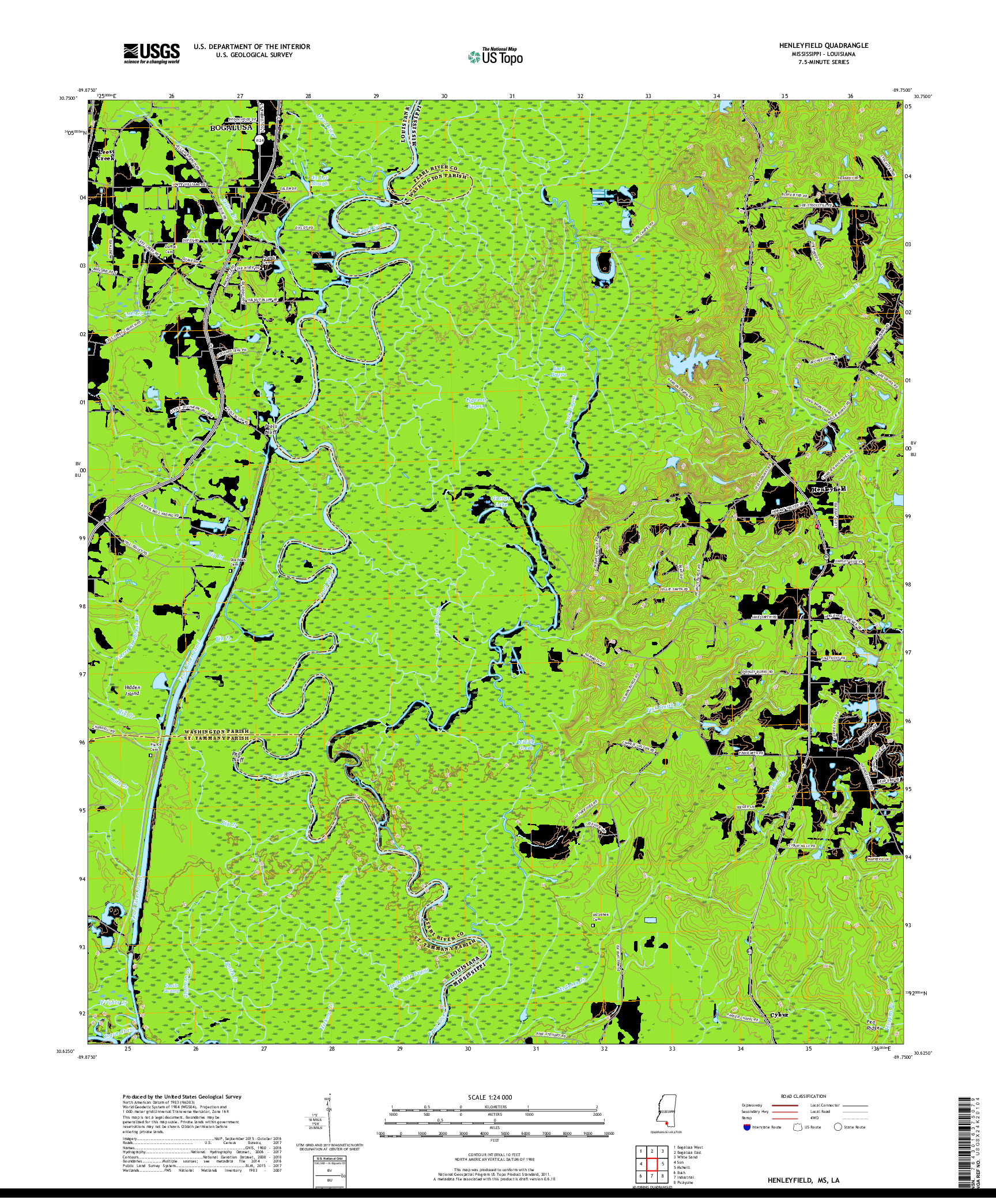 USGS US TOPO 7.5-MINUTE MAP FOR HENLEYFIELD, MS,LA 2018