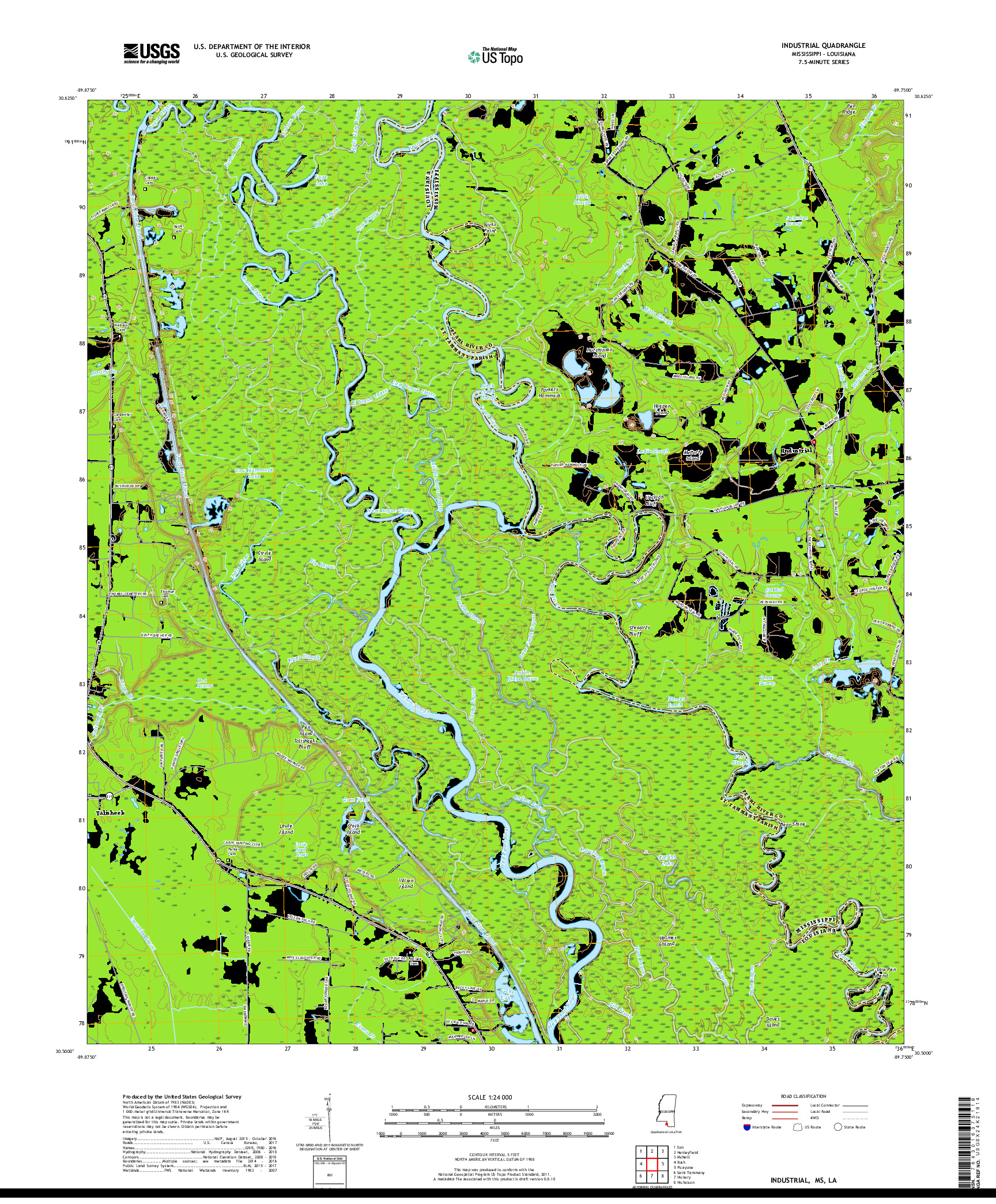 USGS US TOPO 7.5-MINUTE MAP FOR INDUSTRIAL, MS,LA 2018