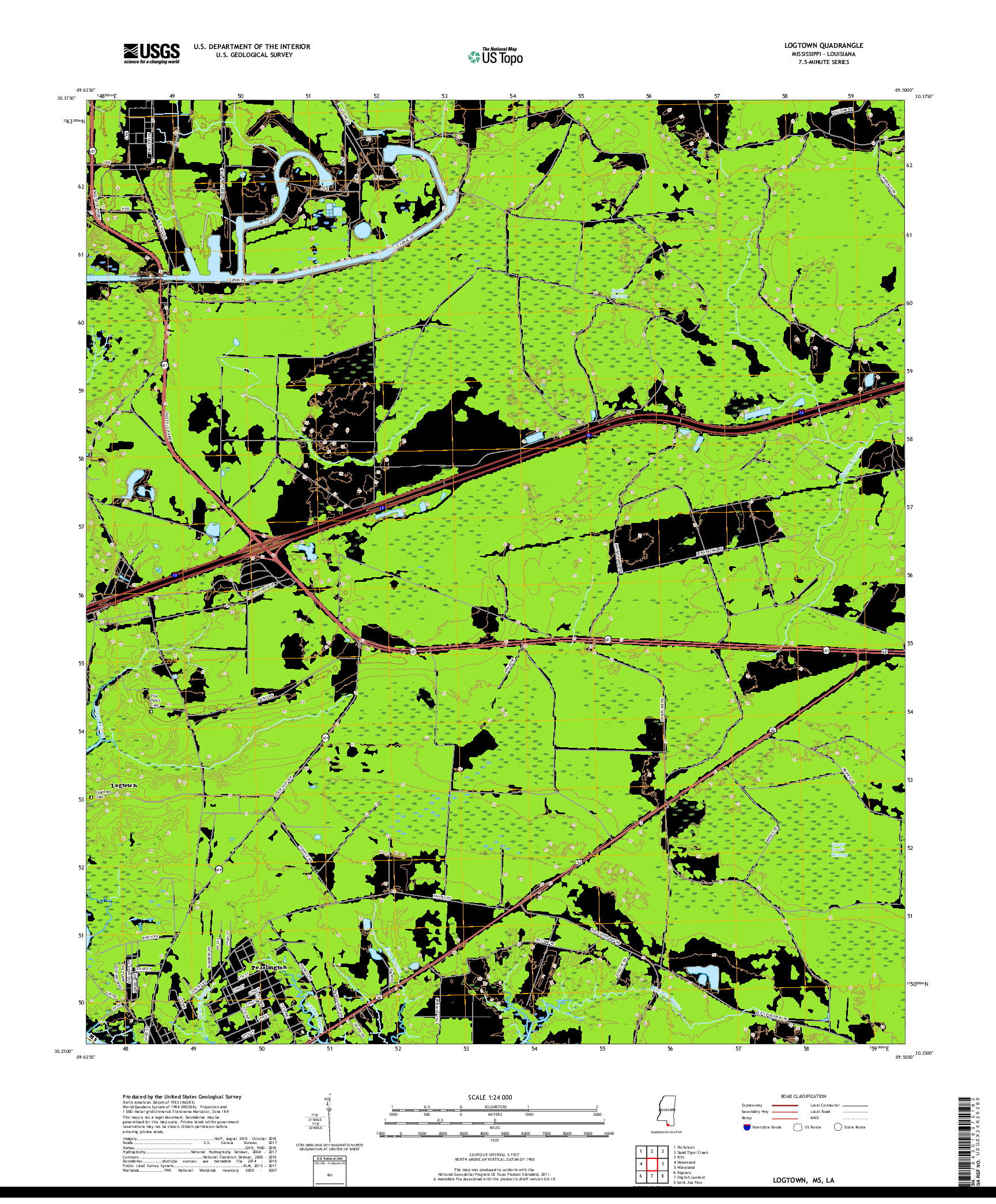 USGS US TOPO 7.5-MINUTE MAP FOR LOGTOWN, MS,LA 2018