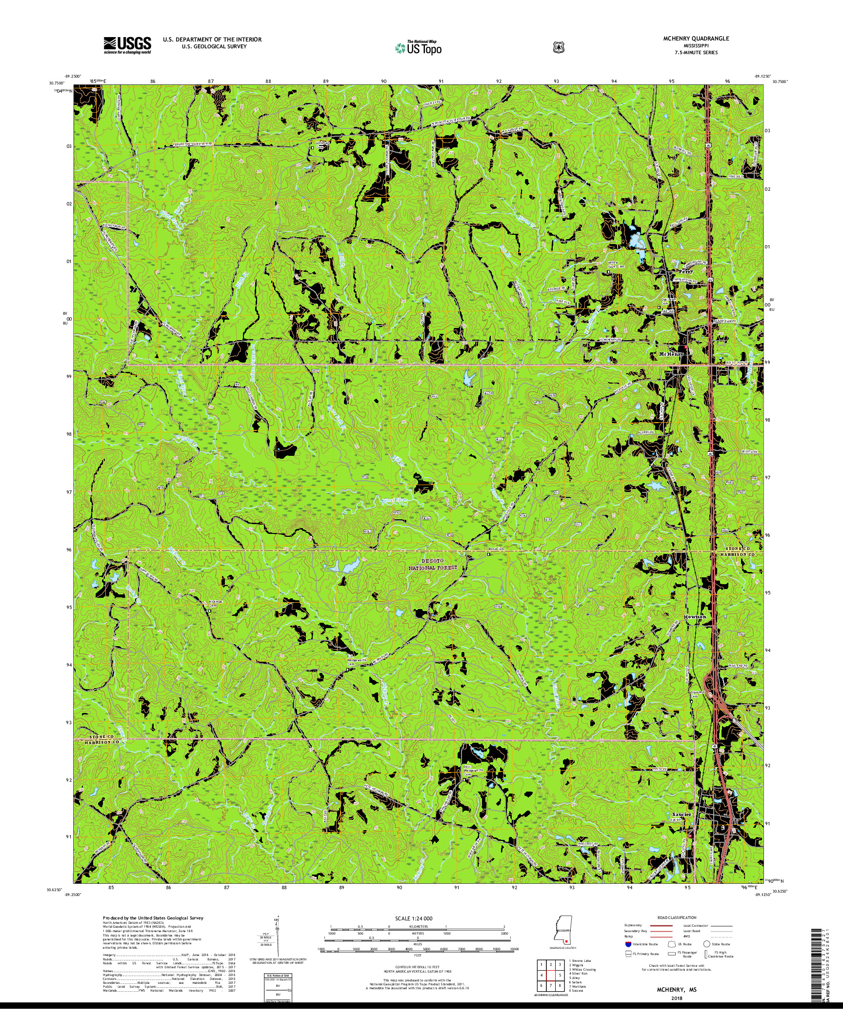 USGS US TOPO 7.5-MINUTE MAP FOR MCHENRY, MS 2018