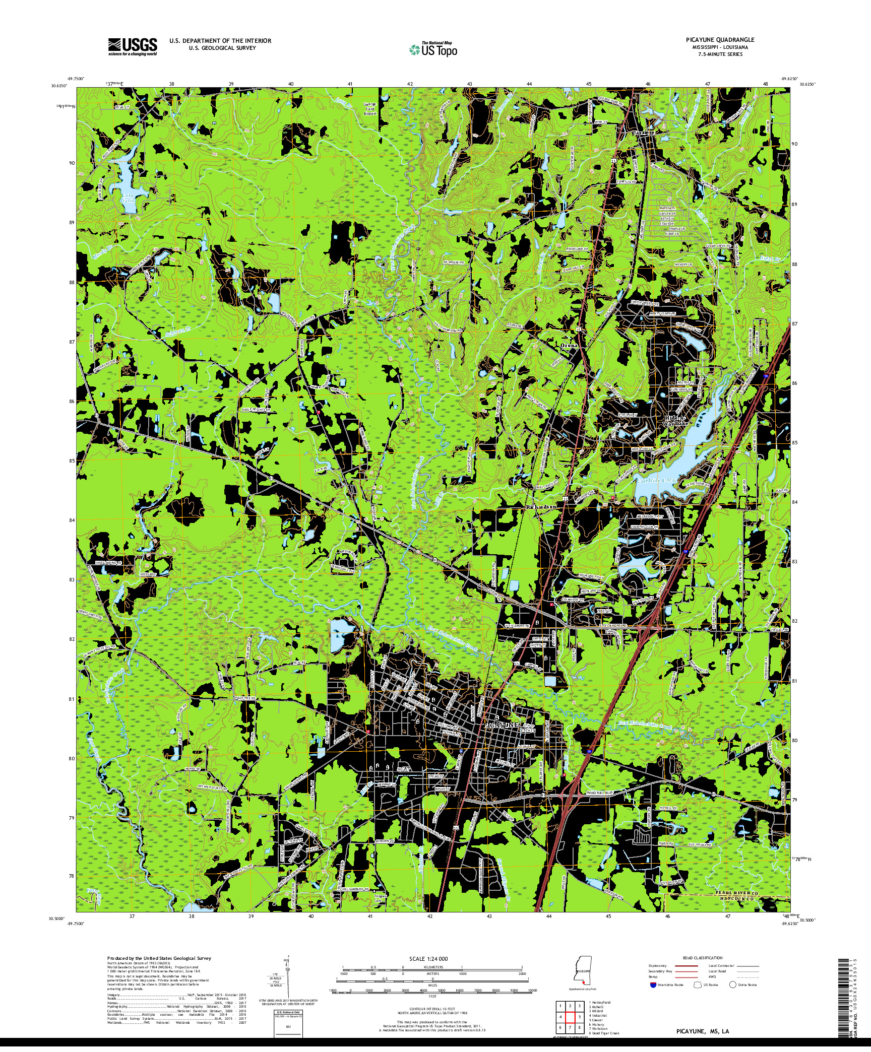USGS US TOPO 7.5-MINUTE MAP FOR PICAYUNE, MS,LA 2018