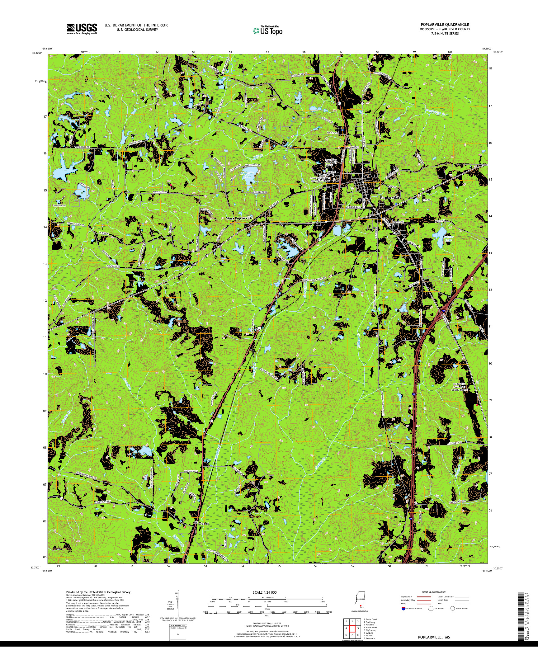 USGS US TOPO 7.5-MINUTE MAP FOR POPLARVILLE, MS 2018
