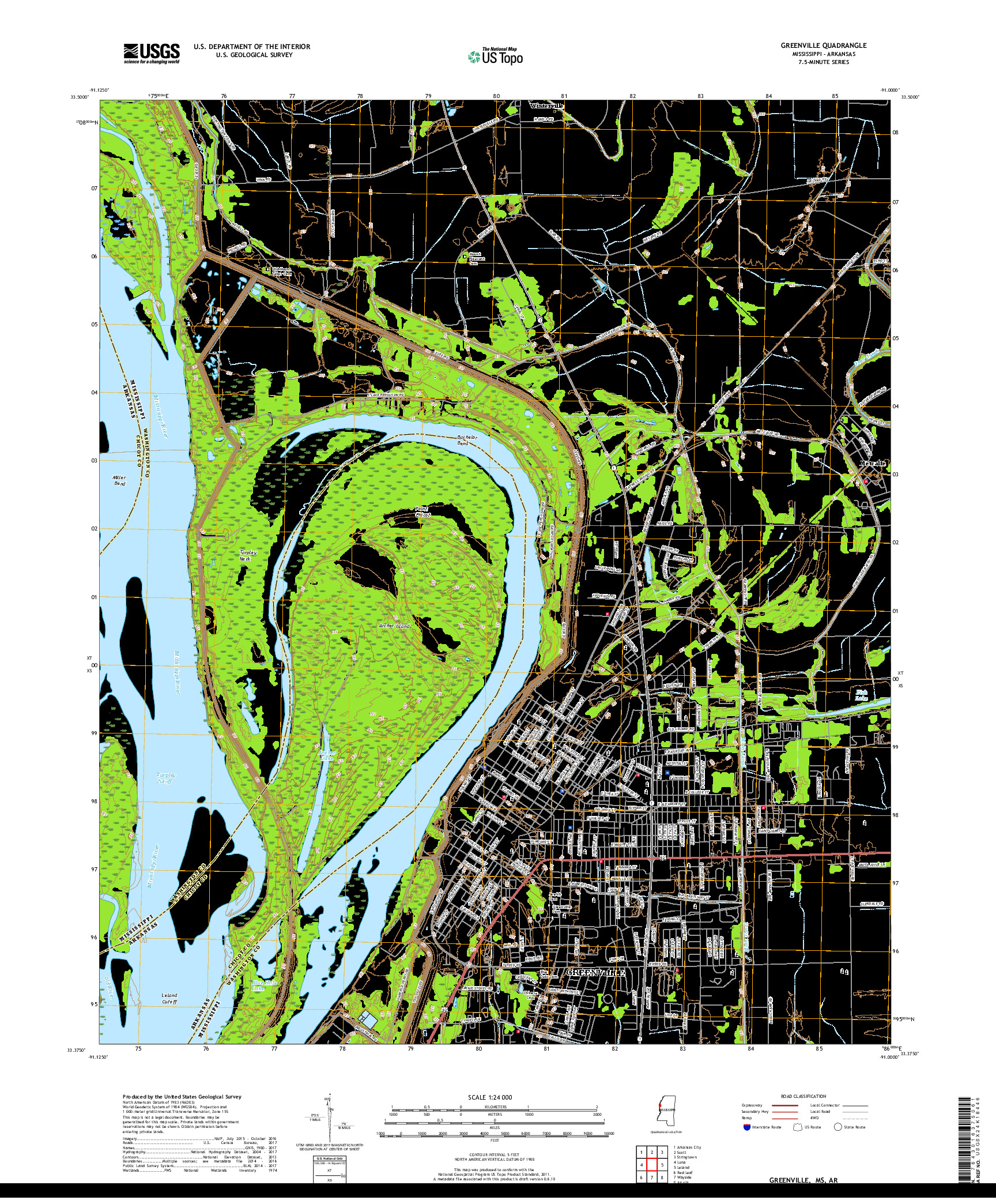 USGS US TOPO 7.5-MINUTE MAP FOR GREENVILLE, MS,AR 2018