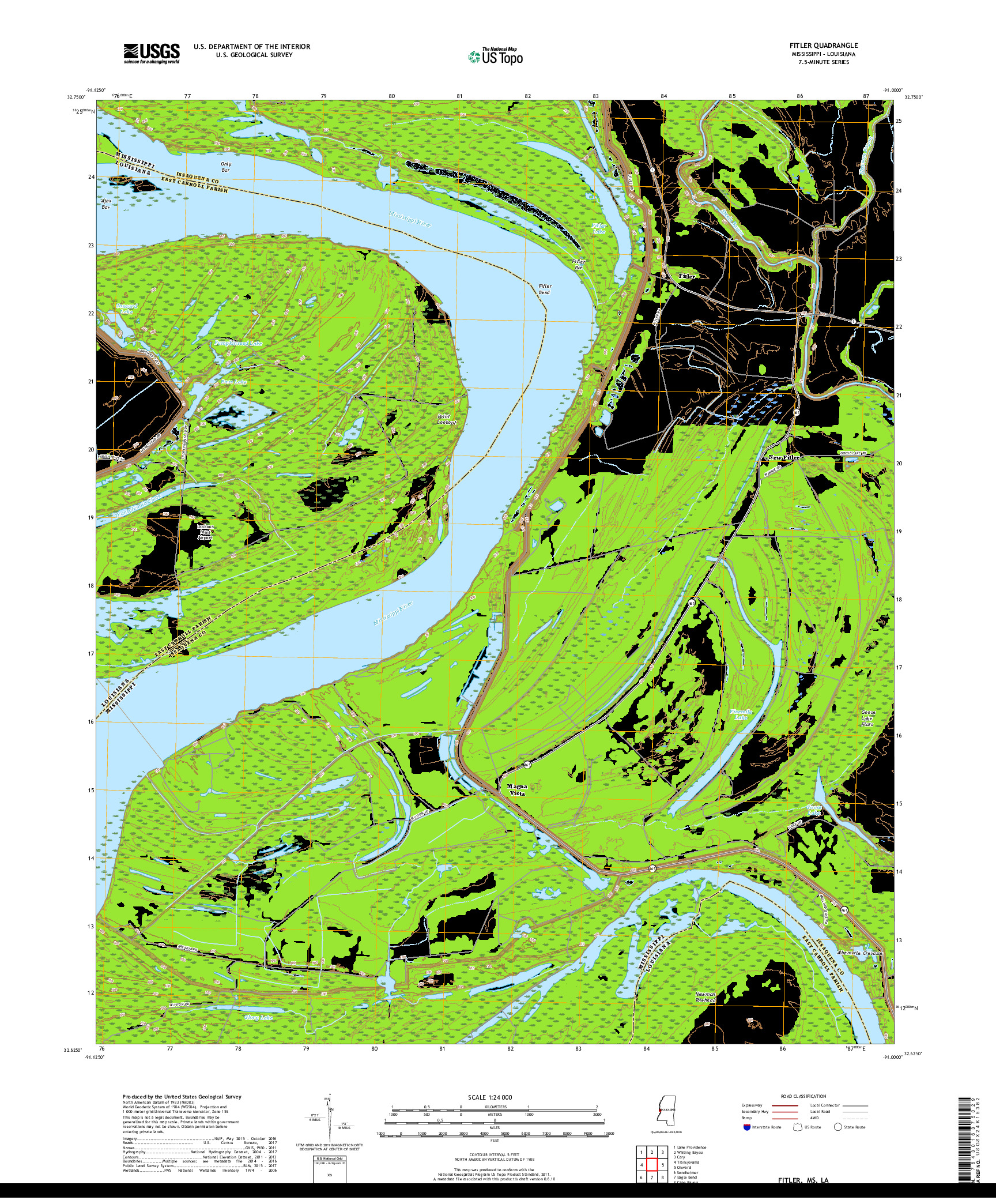 USGS US TOPO 7.5-MINUTE MAP FOR FITLER, MS,LA 2018