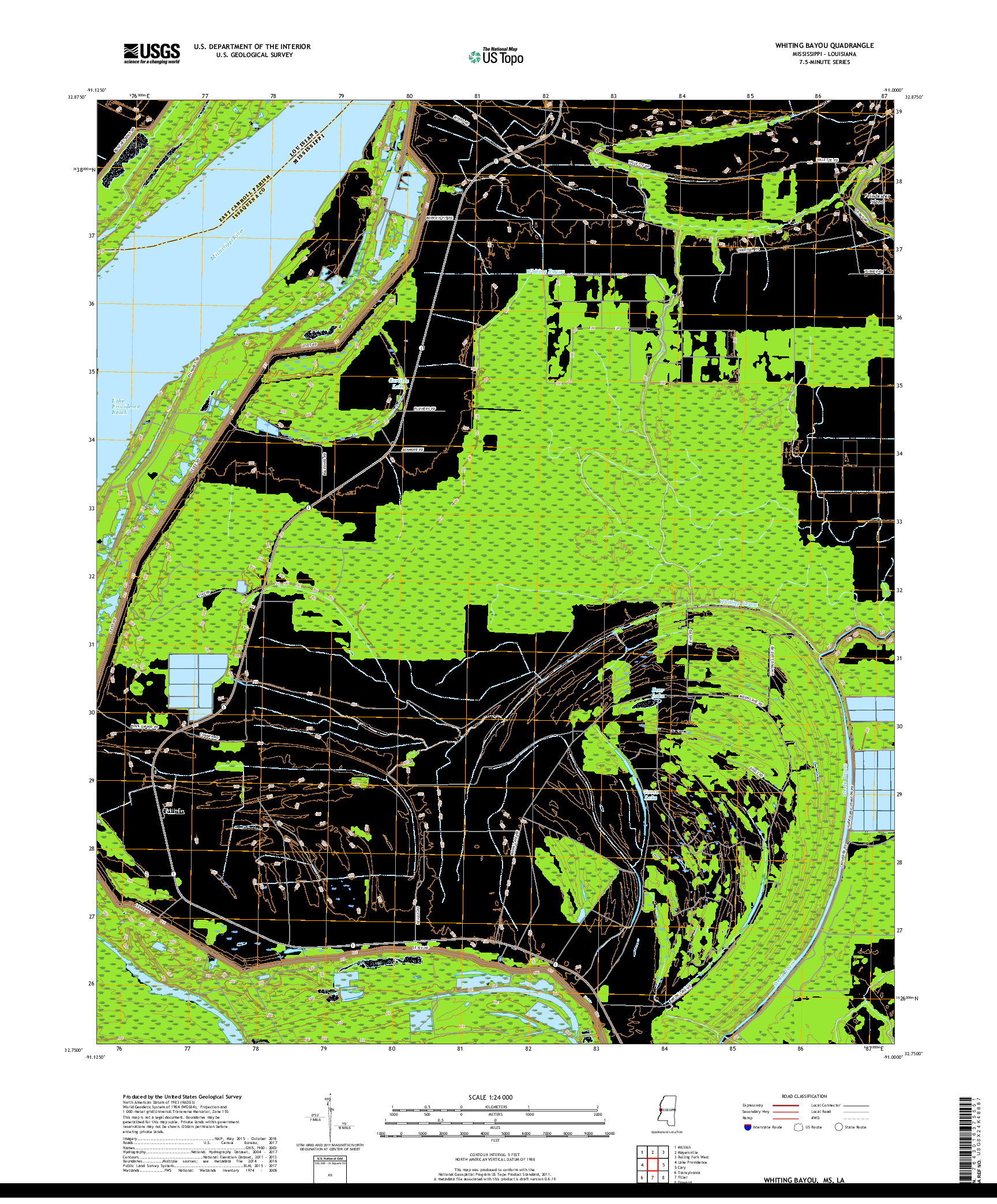 USGS US TOPO 7.5-MINUTE MAP FOR WHITING BAYOU, MS,LA 2018