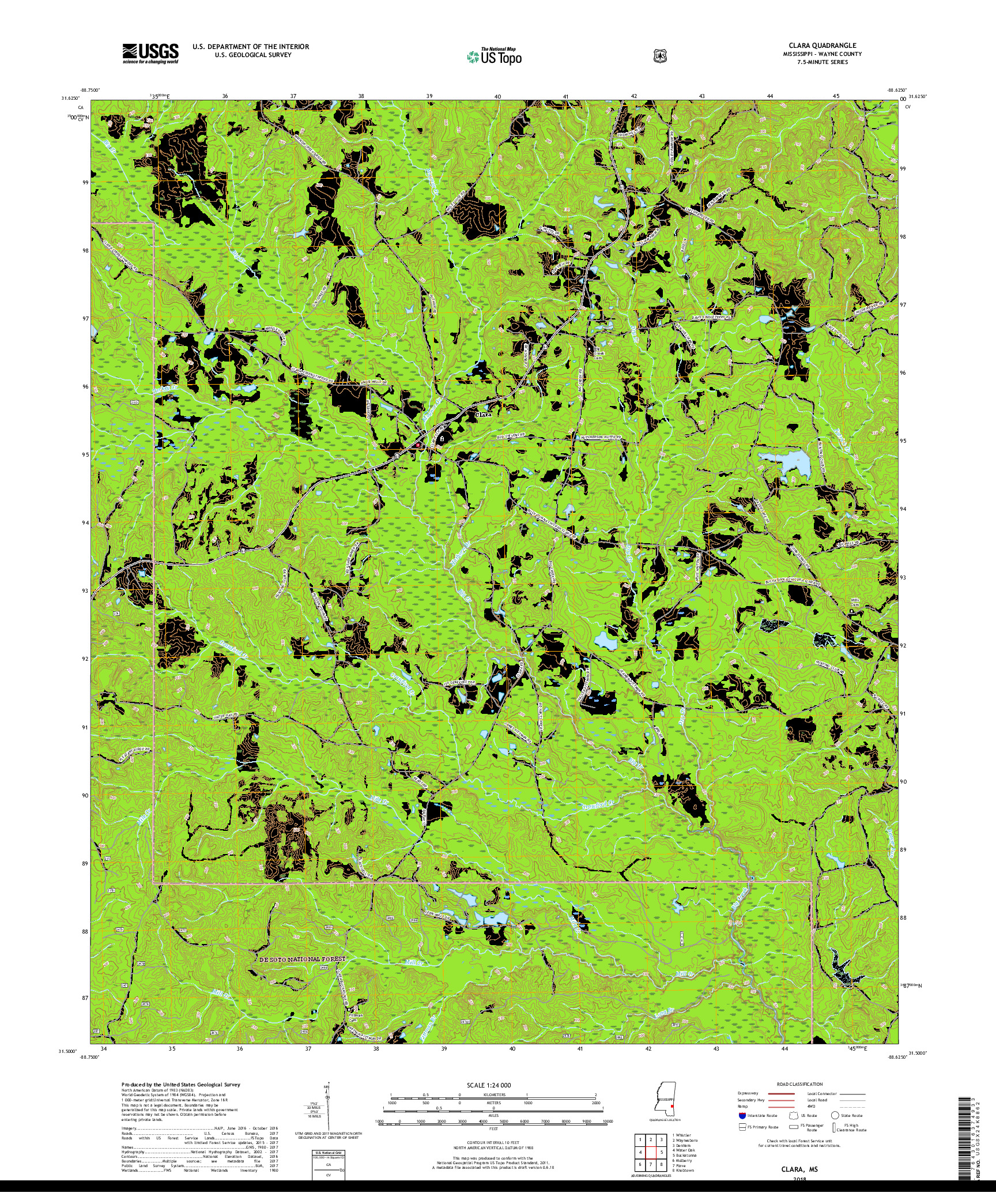 USGS US TOPO 7.5-MINUTE MAP FOR CLARA, MS 2018