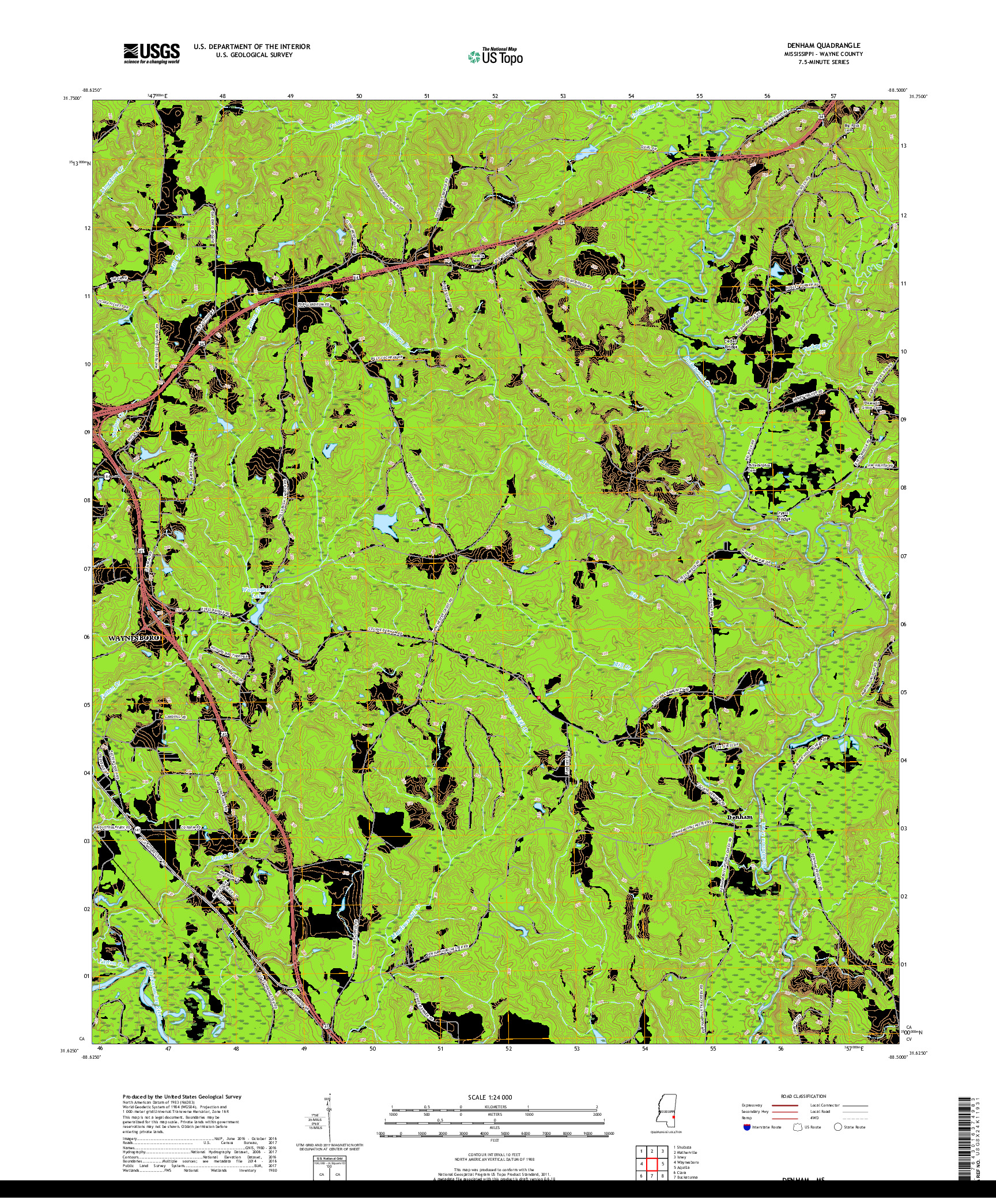 USGS US TOPO 7.5-MINUTE MAP FOR DENHAM, MS 2018