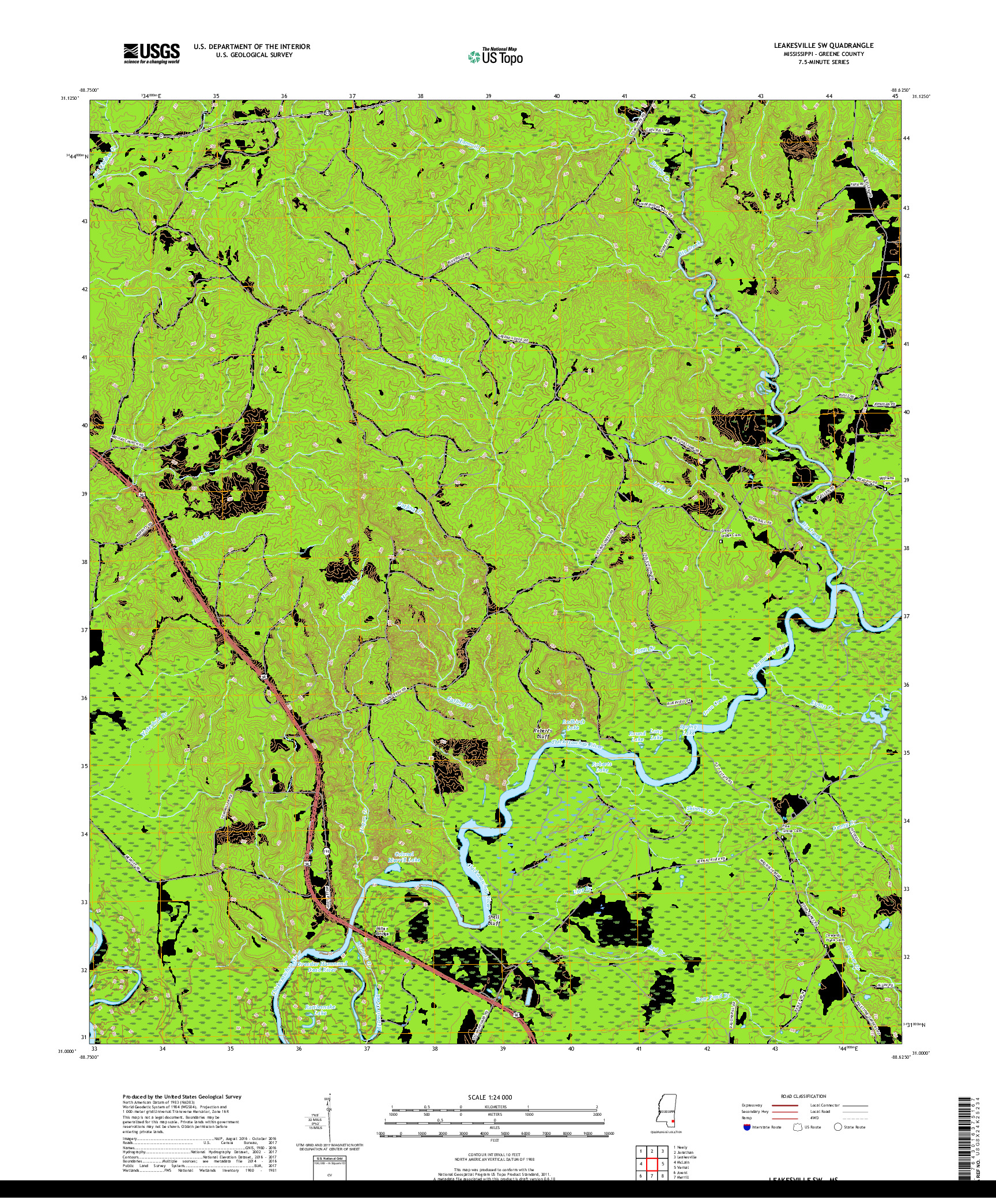 USGS US TOPO 7.5-MINUTE MAP FOR LEAKESVILLE SW, MS 2018