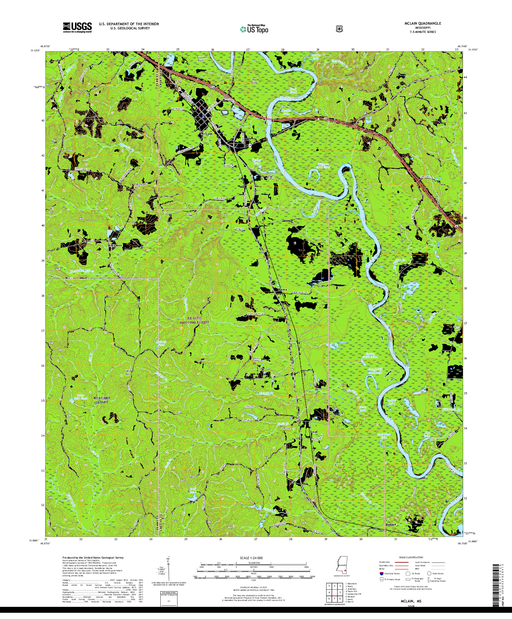 USGS US TOPO 7.5-MINUTE MAP FOR MCLAIN, MS 2018