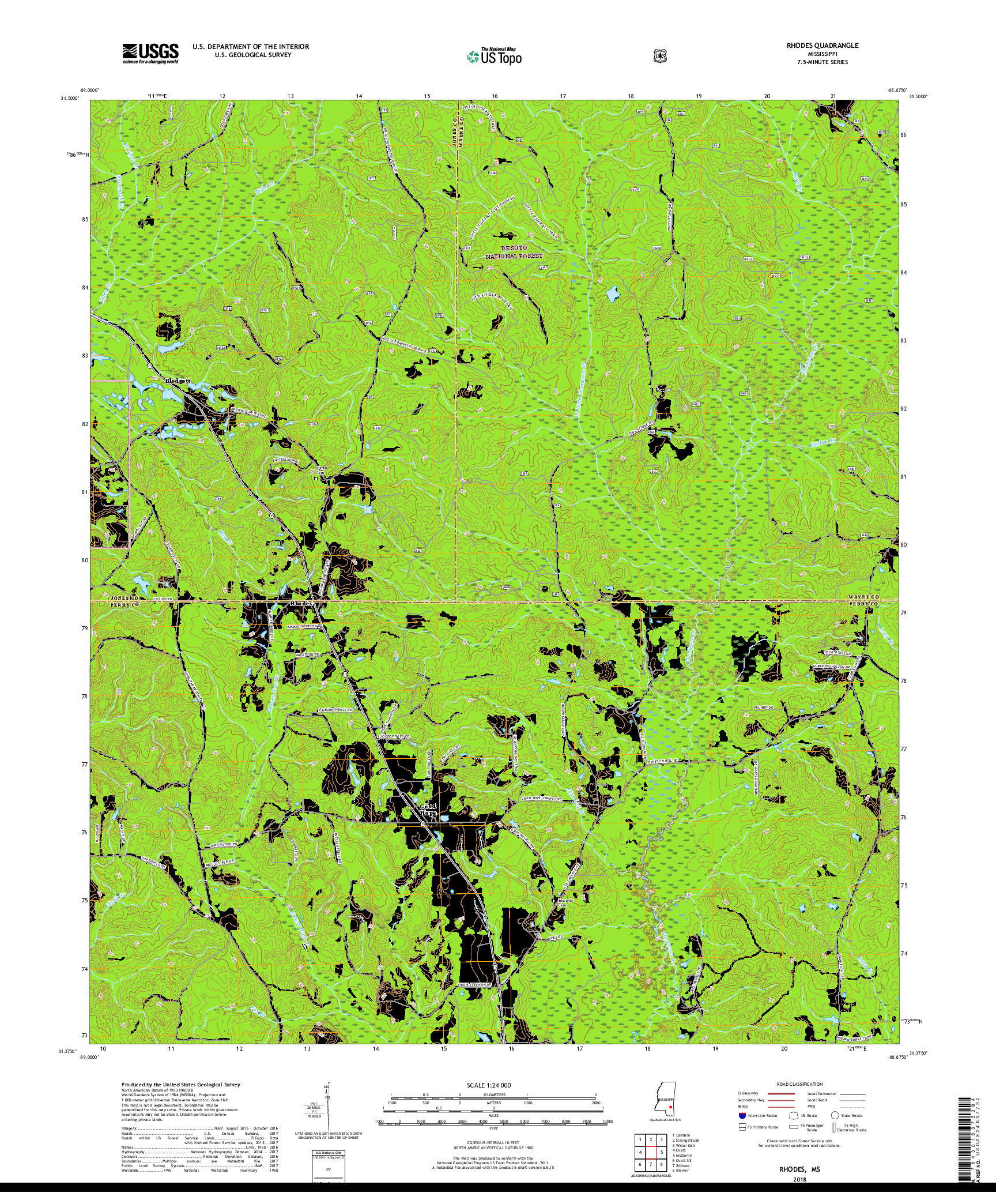 USGS US TOPO 7.5-MINUTE MAP FOR RHODES, MS 2018