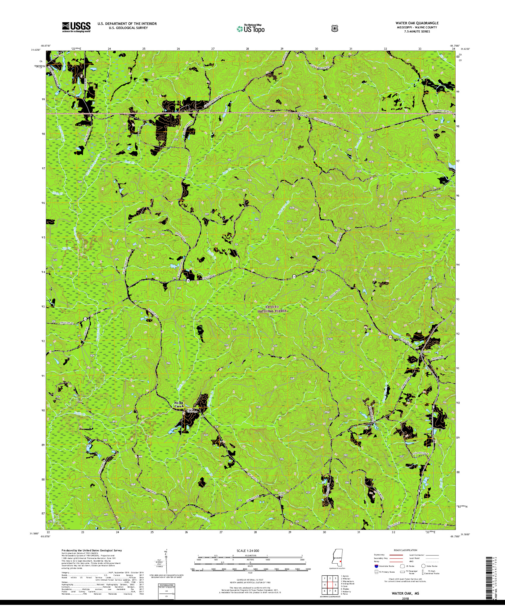 USGS US TOPO 7.5-MINUTE MAP FOR WATER OAK, MS 2018