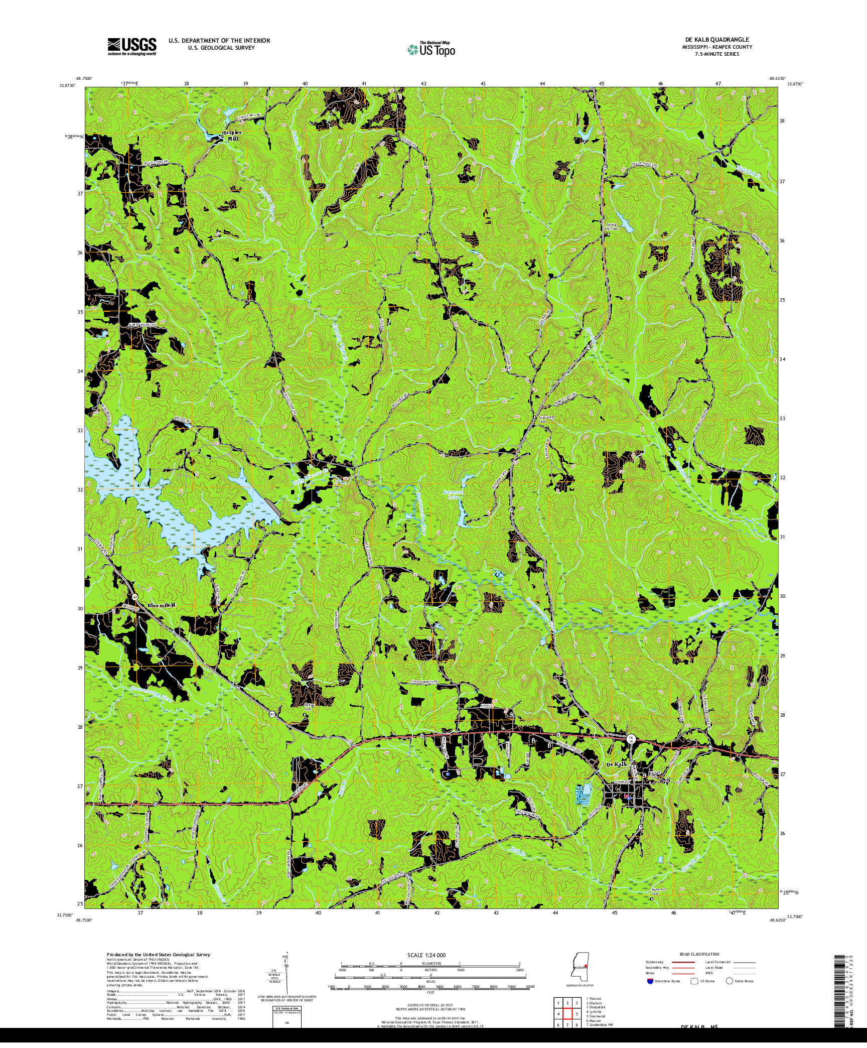 USGS US TOPO 7.5-MINUTE MAP FOR DE KALB, MS 2018