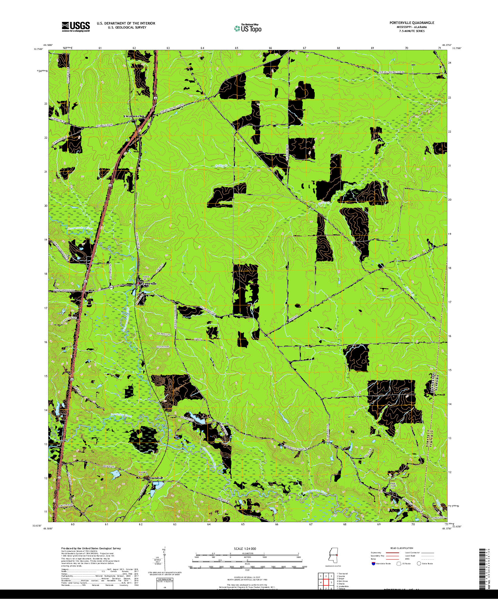 USGS US TOPO 7.5-MINUTE MAP FOR PORTERVILLE, MS,AL 2018