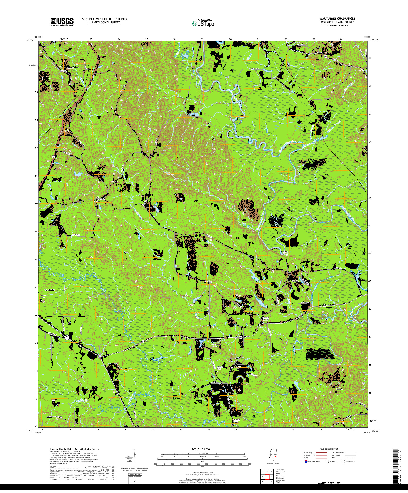 USGS US TOPO 7.5-MINUTE MAP FOR WAUTUBBEE, MS 2018