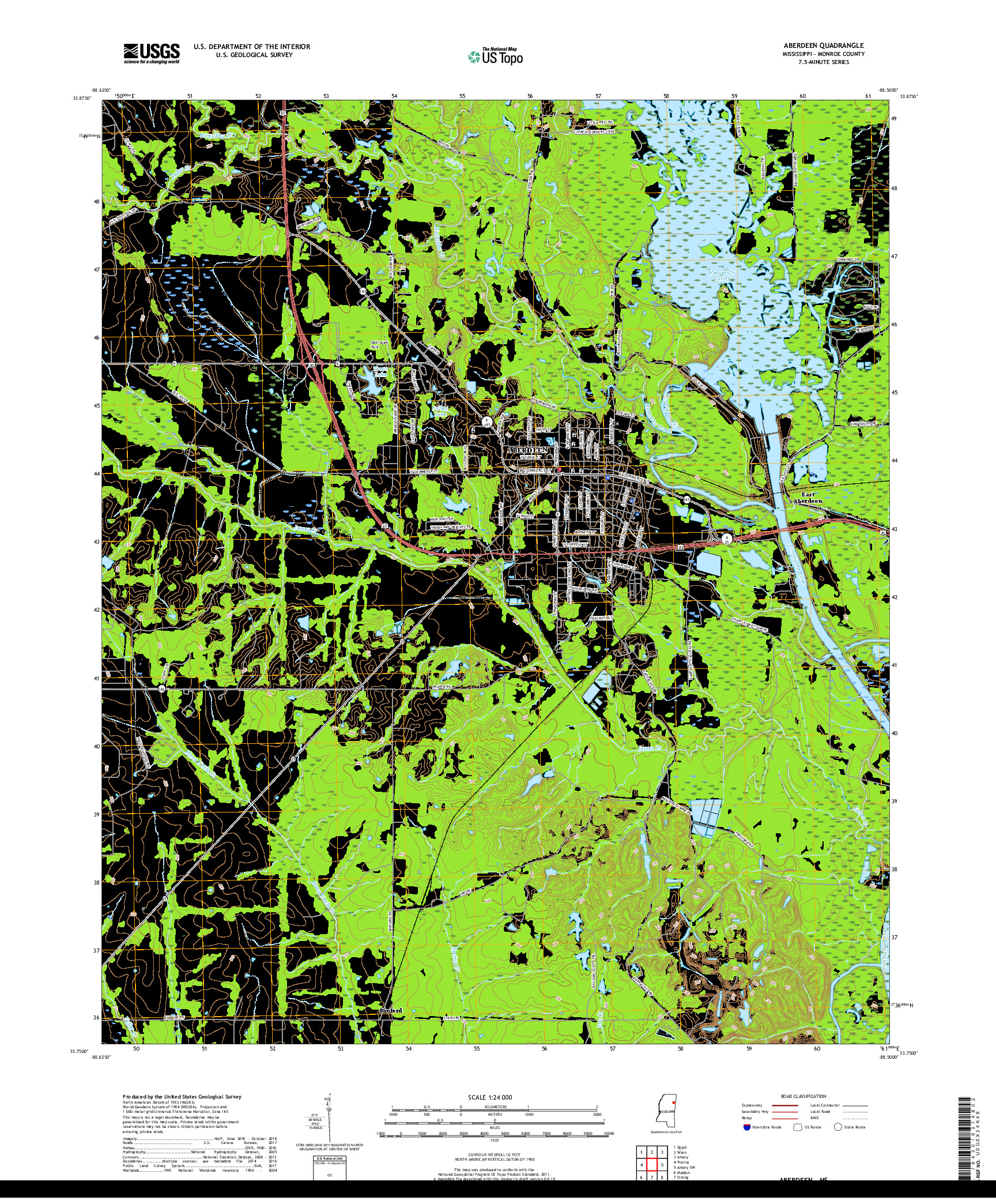 USGS US TOPO 7.5-MINUTE MAP FOR ABERDEEN, MS 2018