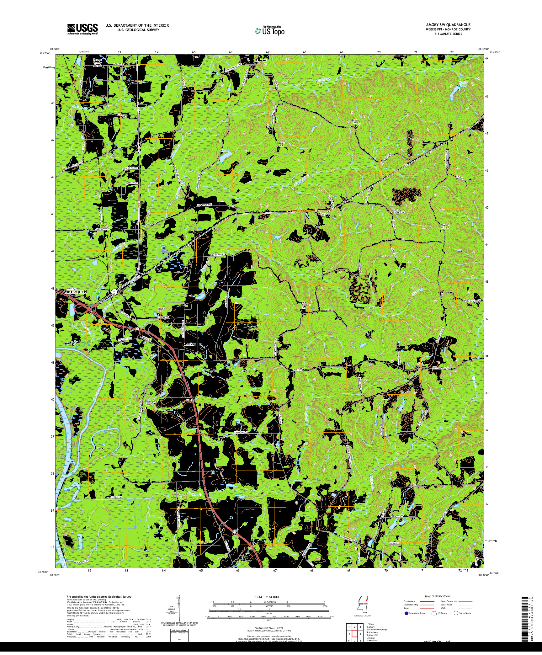 USGS US TOPO 7.5-MINUTE MAP FOR AMORY SW, MS 2018