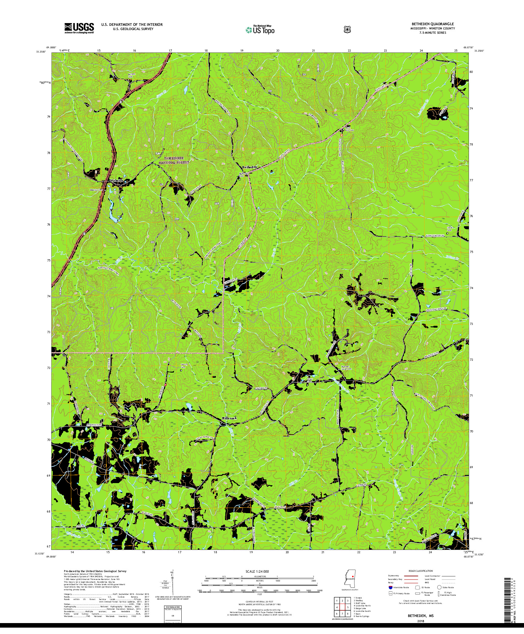 USGS US TOPO 7.5-MINUTE MAP FOR BETHEDEN, MS 2018