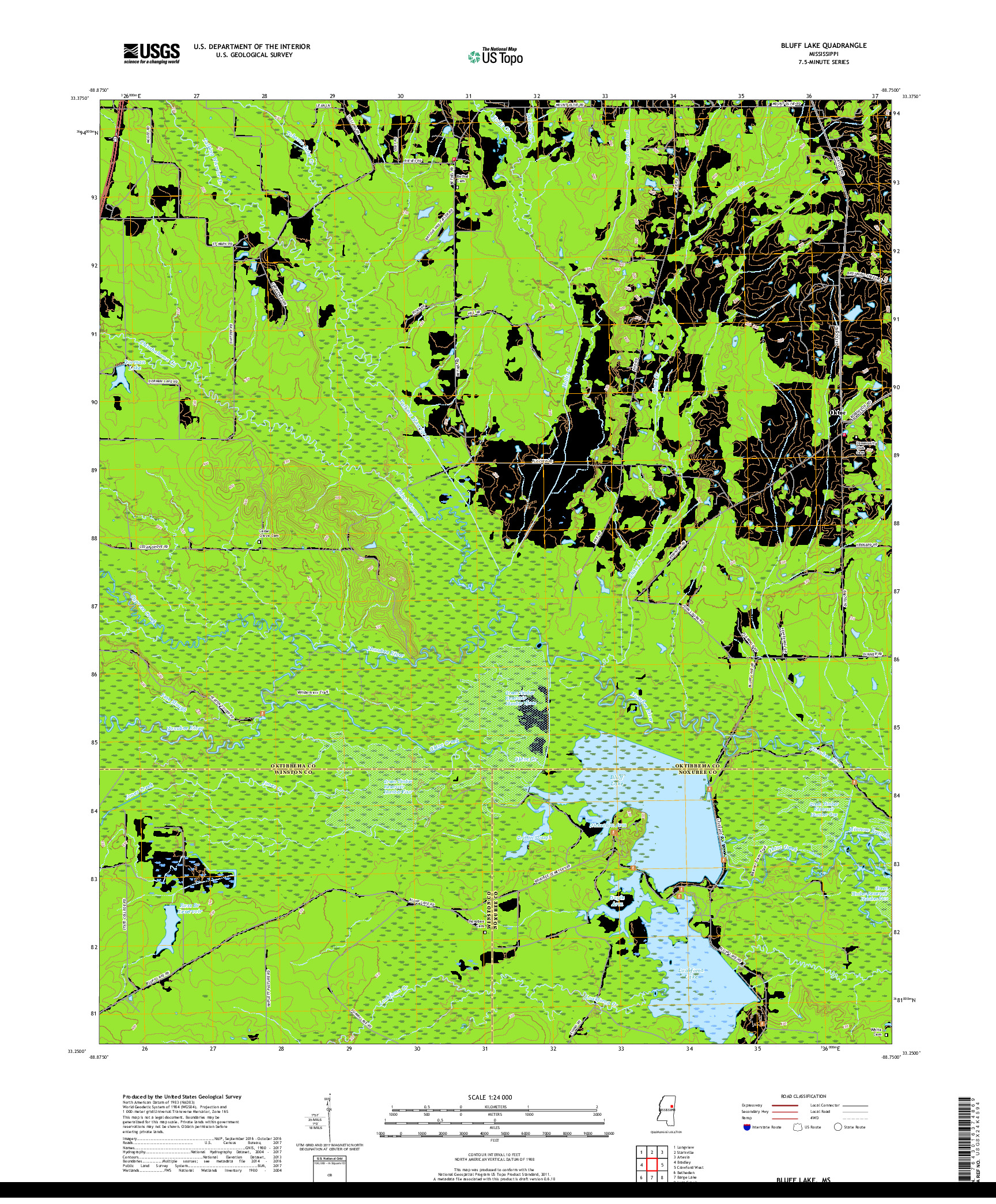 USGS US TOPO 7.5-MINUTE MAP FOR BLUFF LAKE, MS 2018