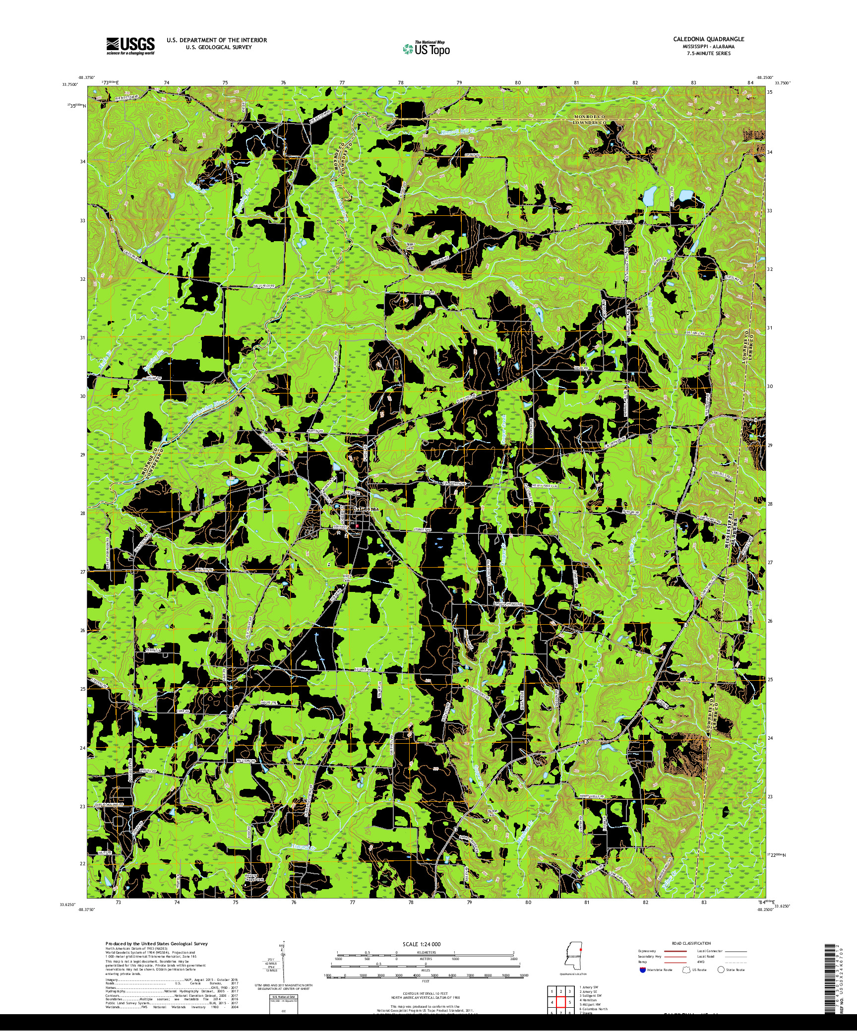 USGS US TOPO 7.5-MINUTE MAP FOR CALEDONIA, MS,AL 2018