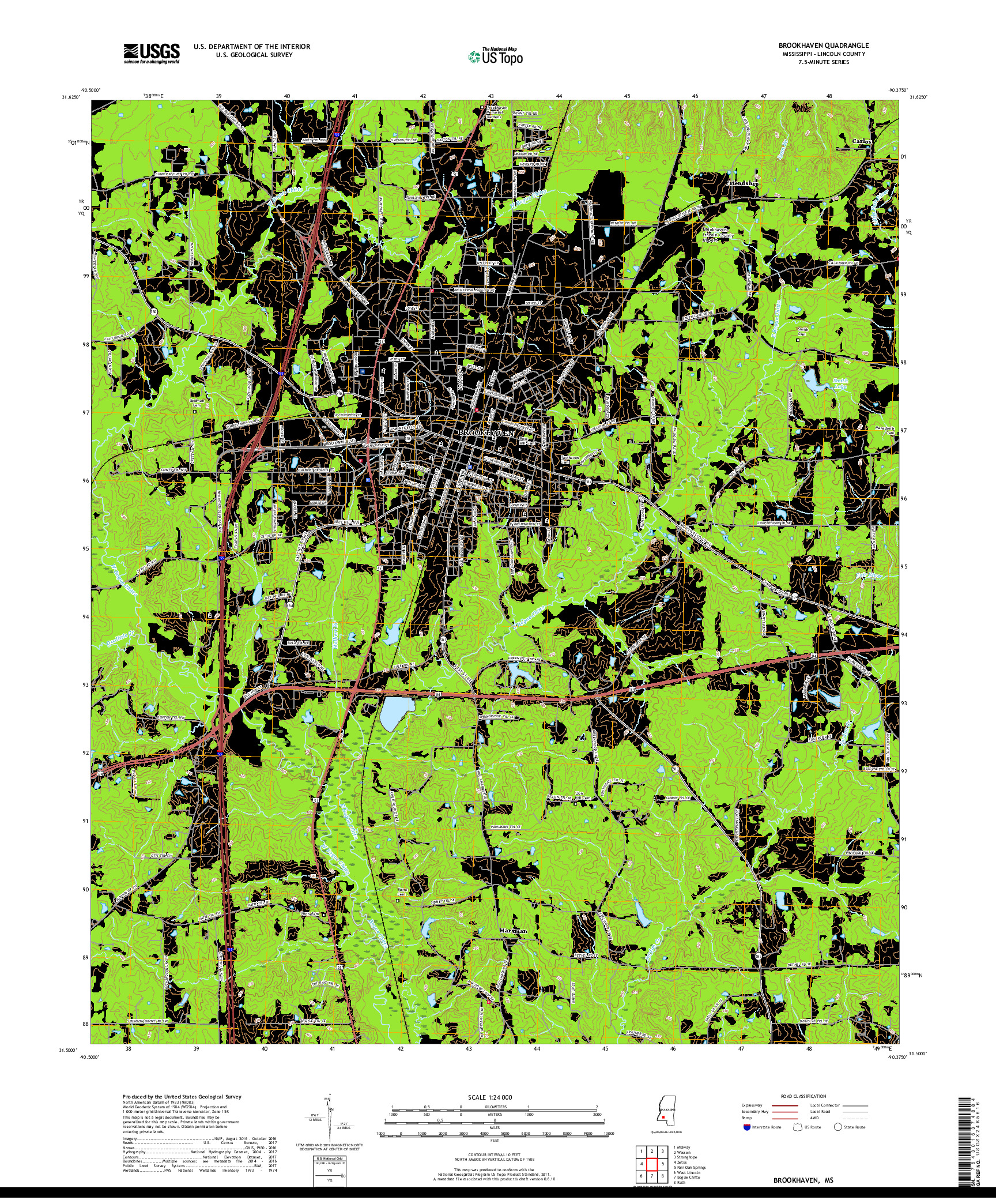 USGS US TOPO 7.5-MINUTE MAP FOR BROOKHAVEN, MS 2018