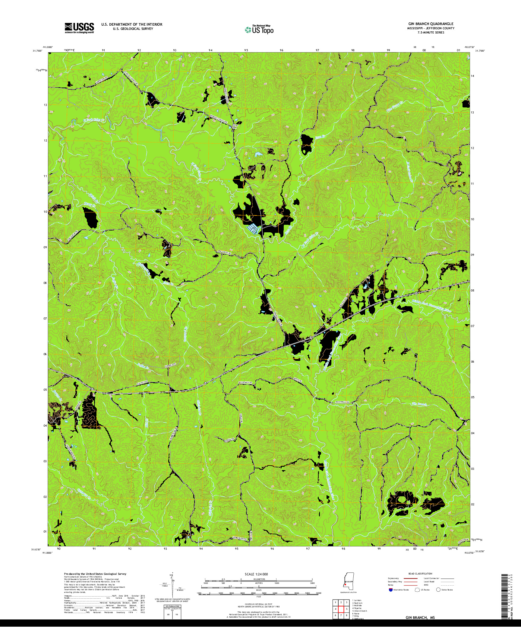USGS US TOPO 7.5-MINUTE MAP FOR GIN BRANCH, MS 2018