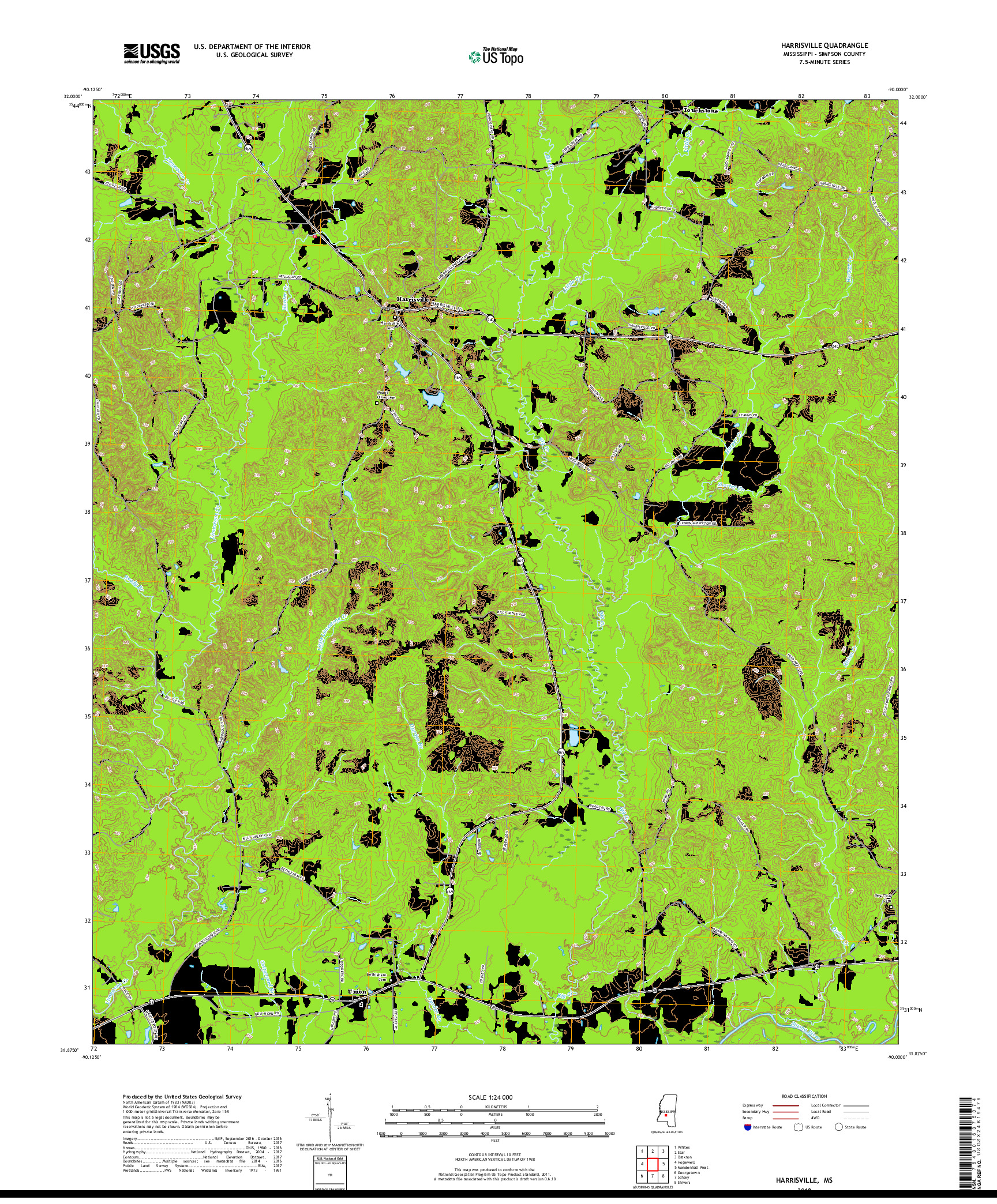 USGS US TOPO 7.5-MINUTE MAP FOR HARRISVILLE, MS 2018